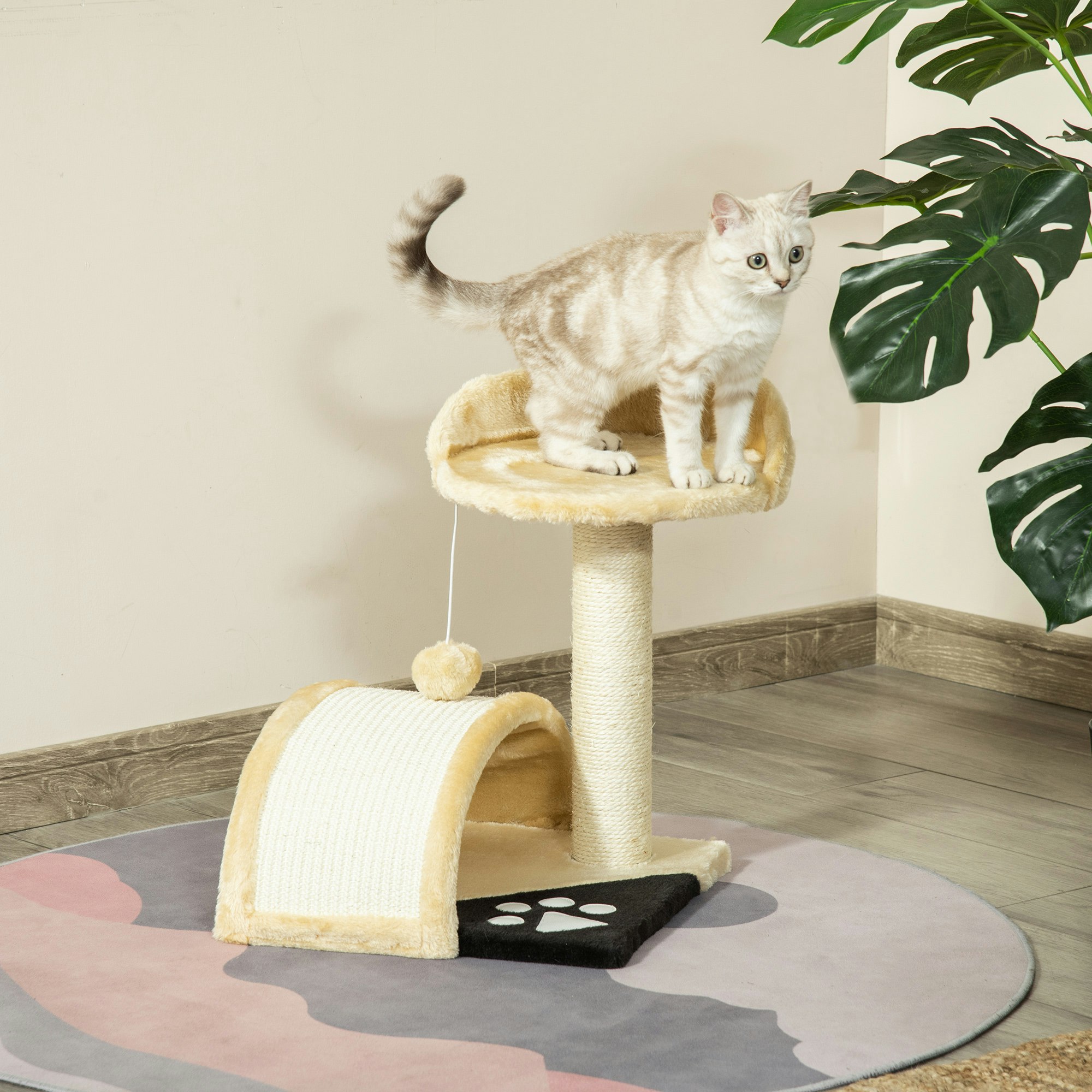 Pawhut Beige Cat Tree Scratching Scratcher Post Kitten Activity Centre Climber Hanging Ball In - Image 5