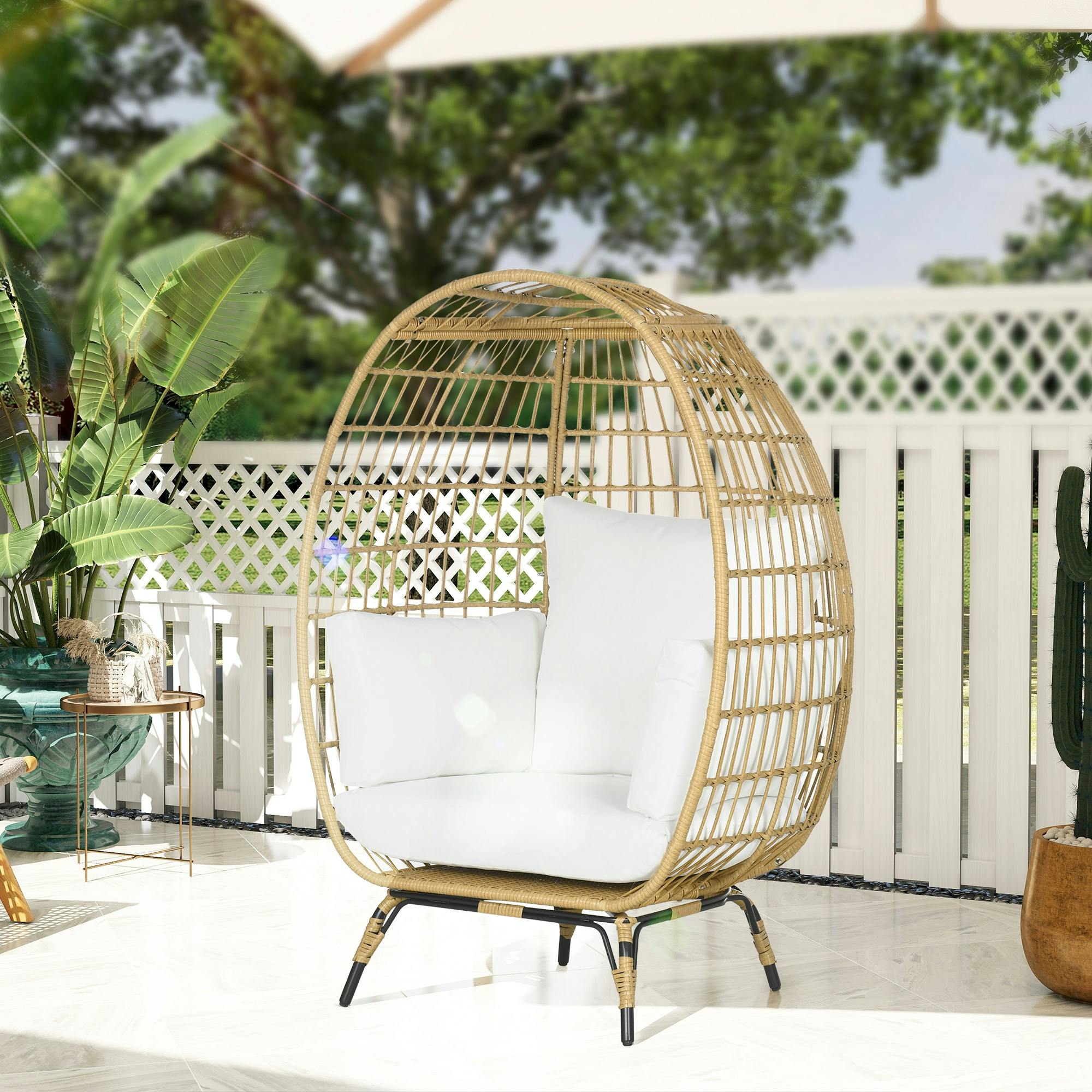 Outsunny Khaki Pe Rattan Outdoor Egg Chair, Round Wicker Weave Teardrop Chair With Thick Padded Cushions For Sunroom, Garden, - Image 6