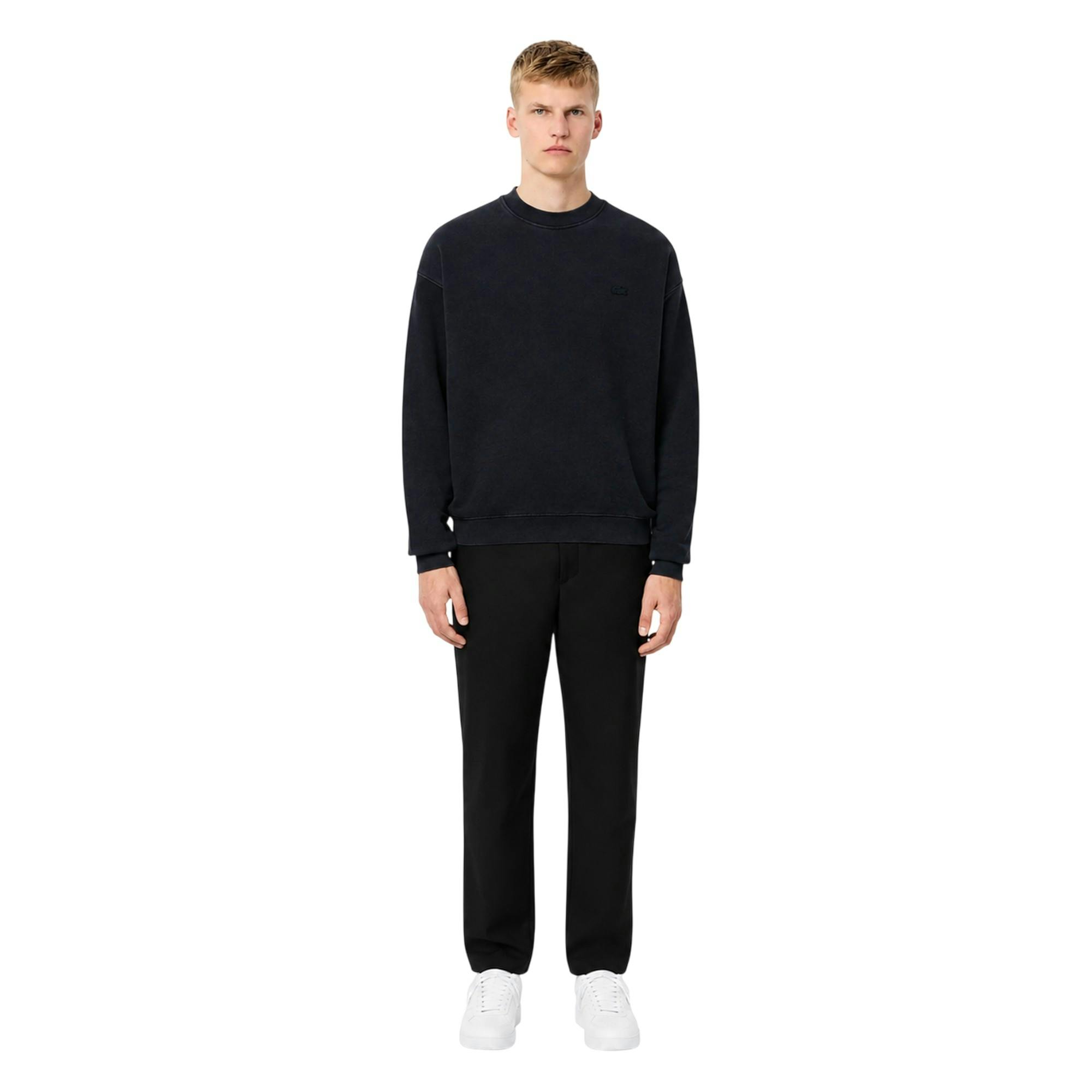 Lacoste Unisex Black Adult Washed Fleece Loose Fit Sweatshirt - Xs - 100% Cotton