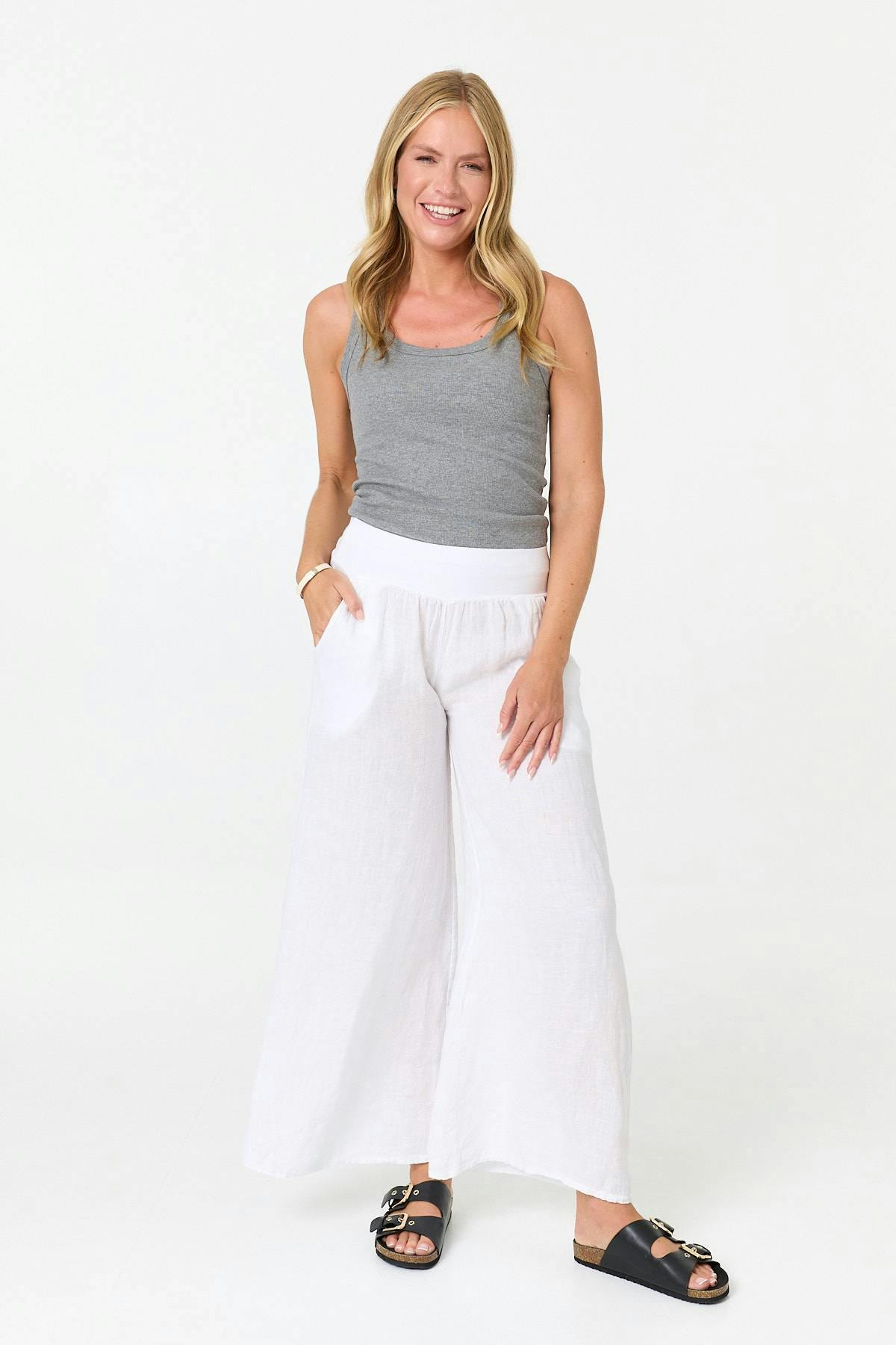 Izabel London White High Waist Relaxed Flared Trousers - 16