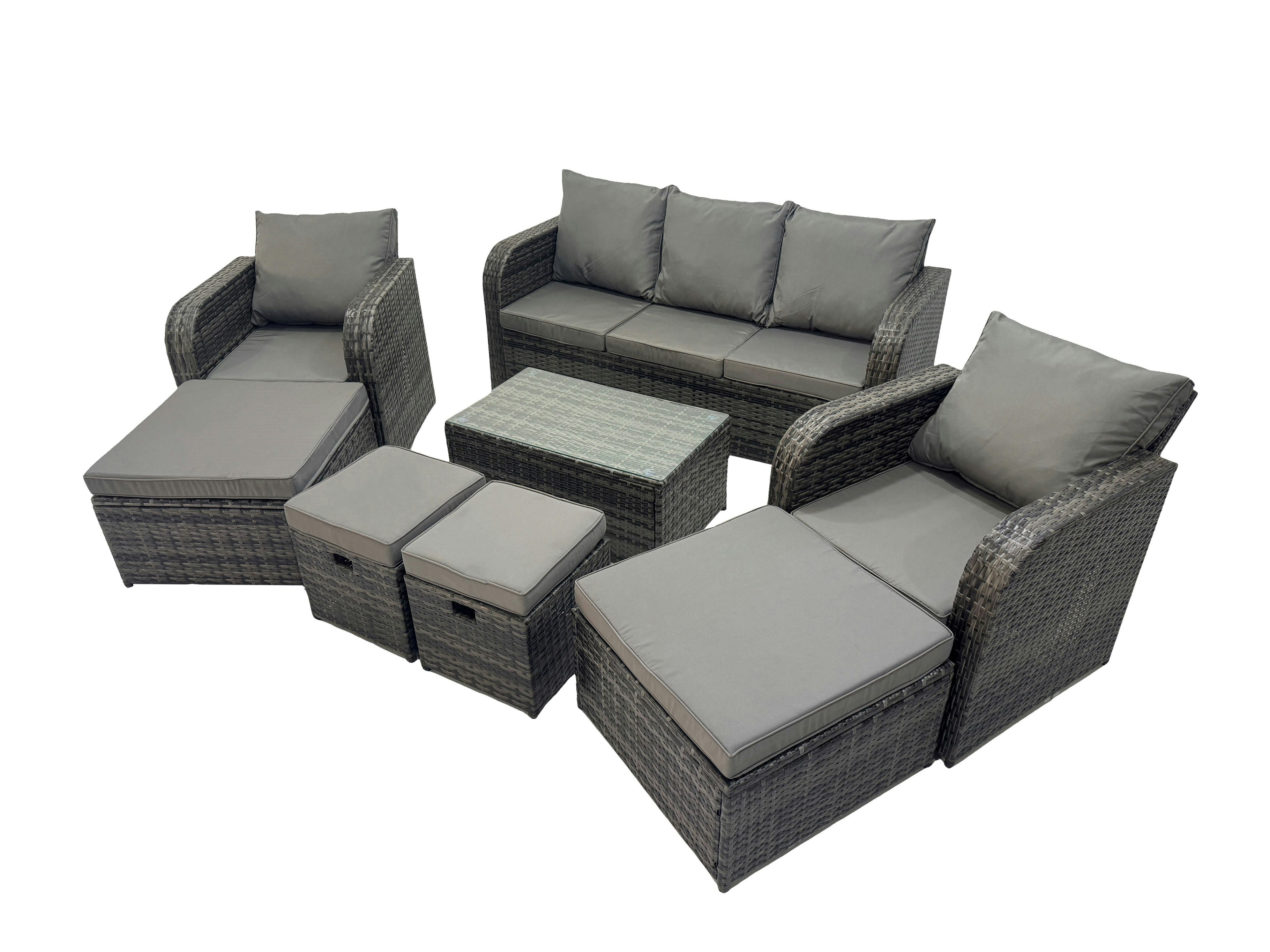 Fimous Dark/Grey Outdoor Reclining Chair 3 Seater Sofa Coffee Table Set Garden Rattan Furniture Set 9 Seater With 4 Stools