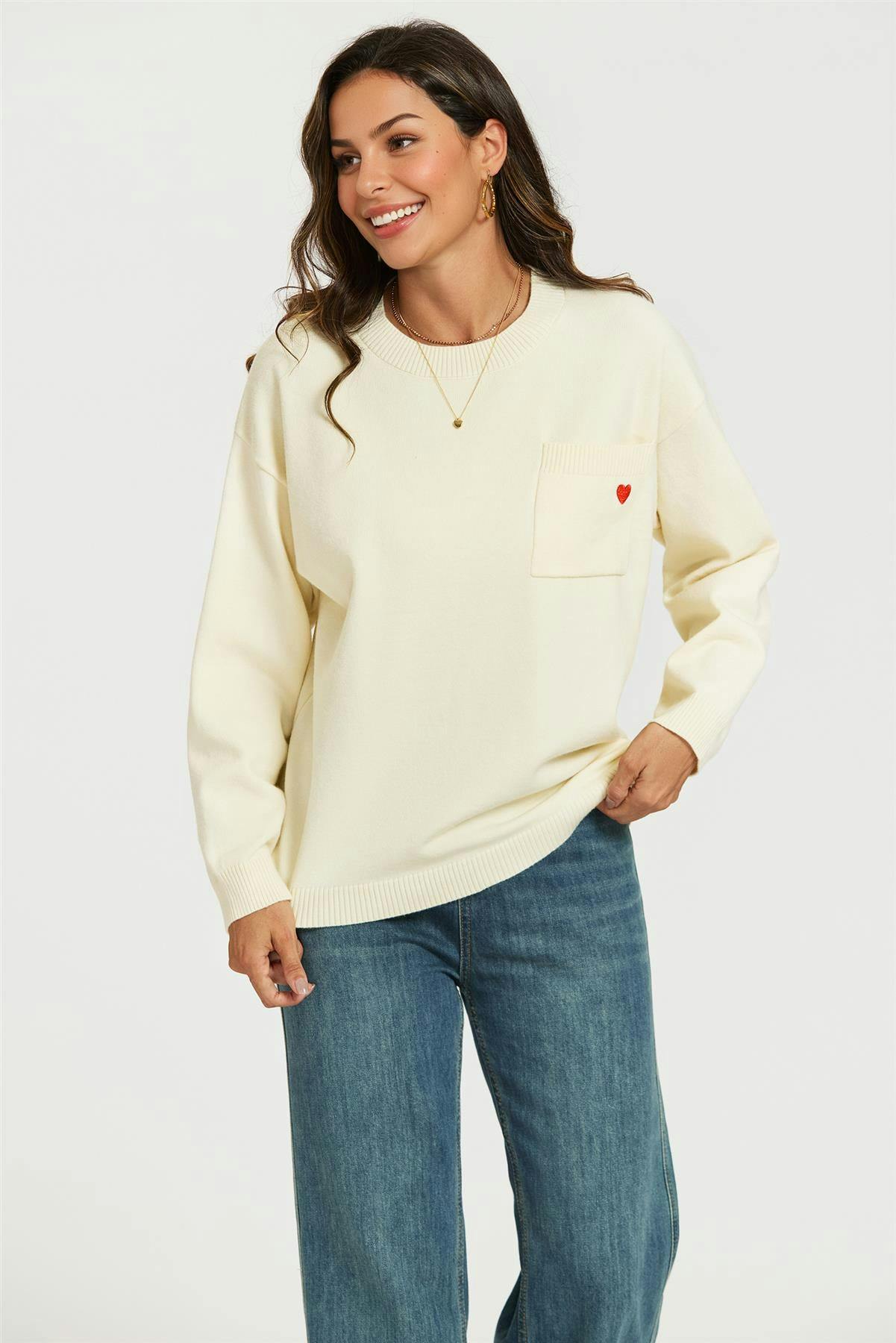 Fs Collection Cream Heart Embroidered Knit Jumper Top In - Onesize