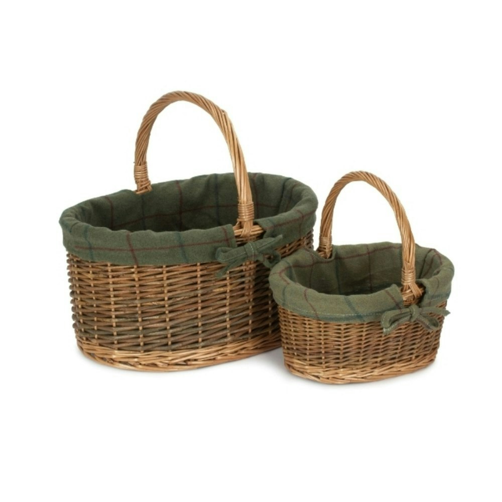 Rackhams Green Tweed Lined Country Oval Wicker Shopping Basket - Set Of 2