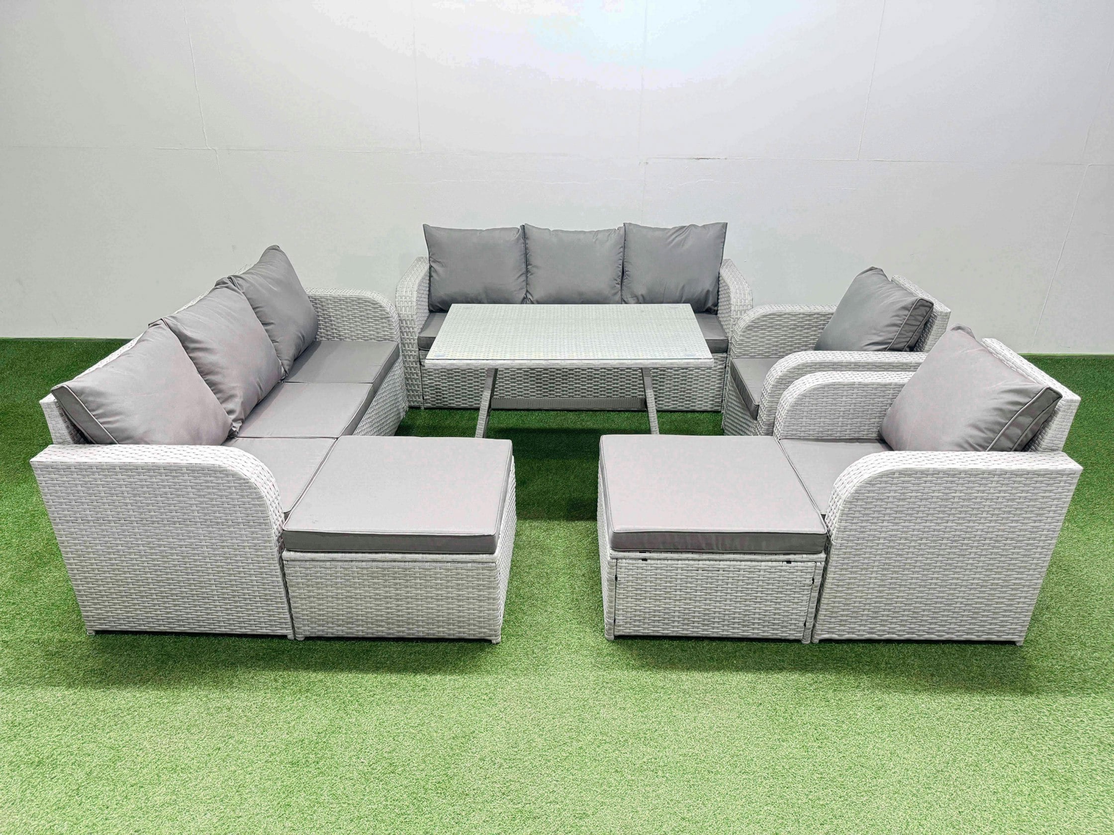 Rackhams Light/Grey Rattan High Back Lounge Sofa Set Patio Dining Table & Chairs Set With 3 Seater Sofa 2 Reclining Chairs 2 Big Stool