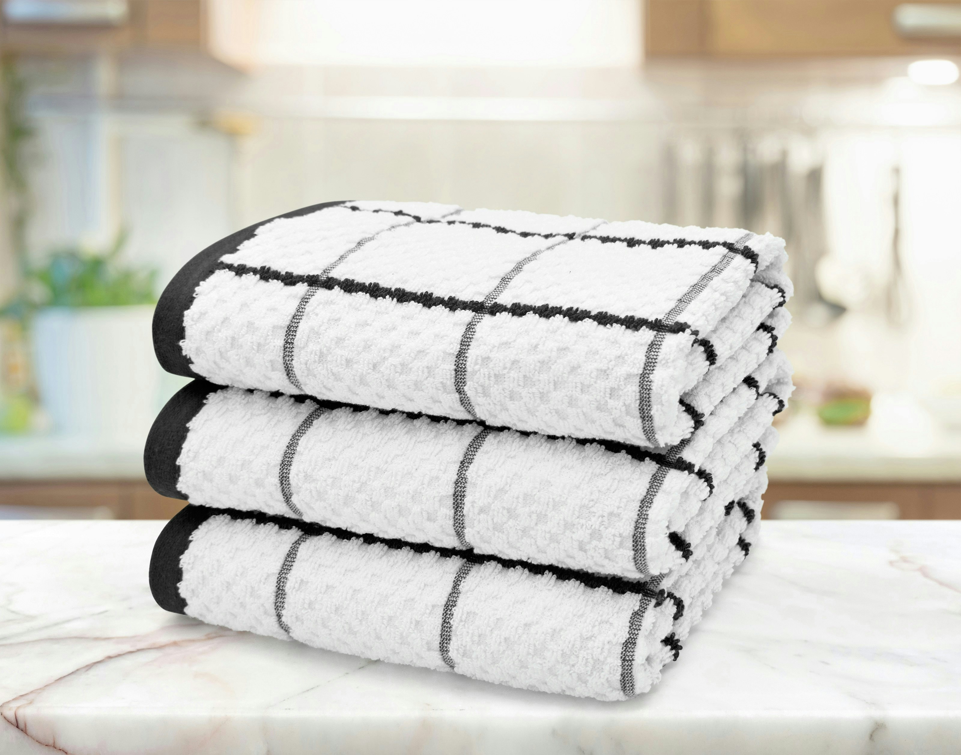 Velosso Black Embroiderd Woven Checked Cotton Tea Towel 3 Pack - One Size