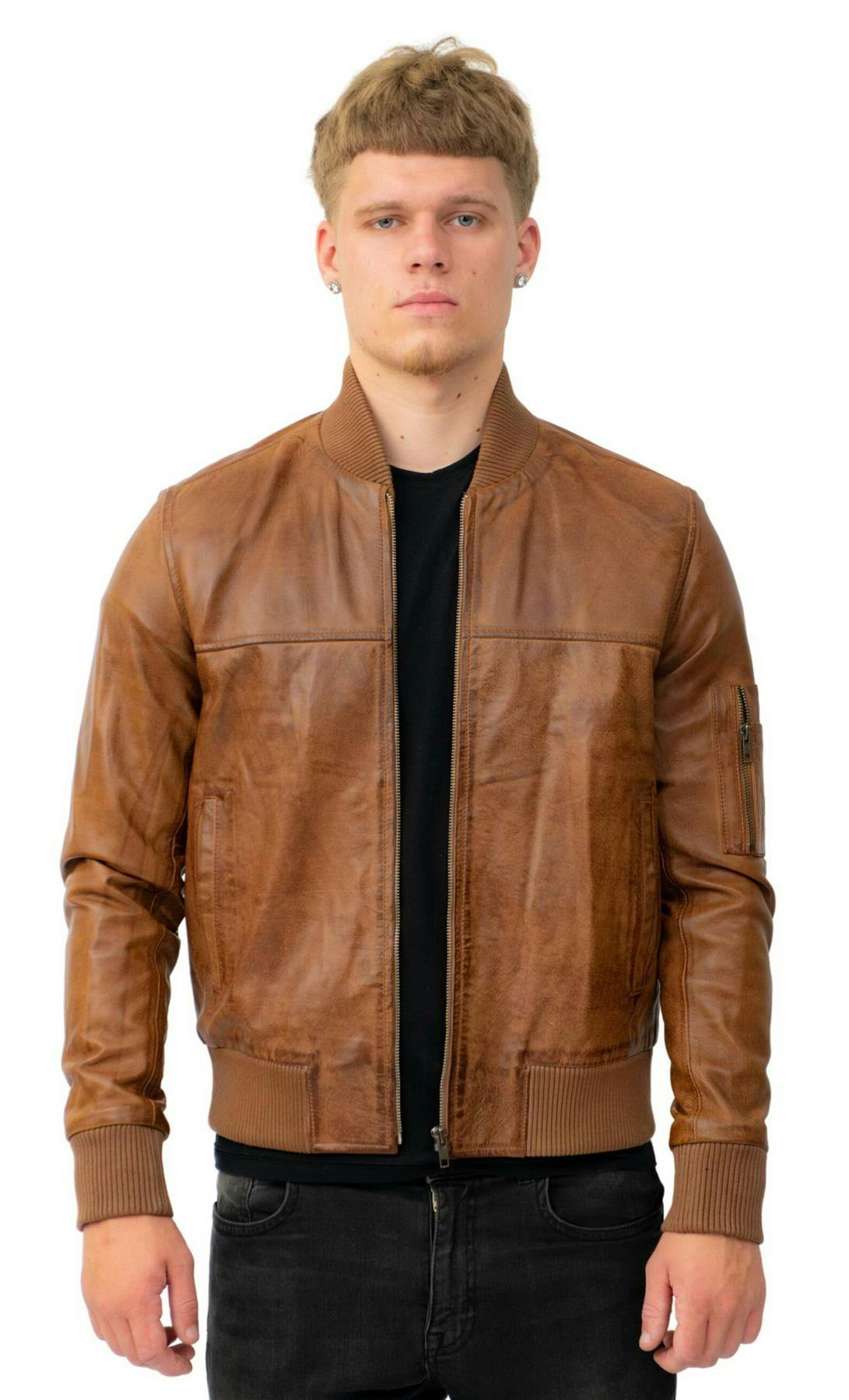 Infinity Leather Men's Retro Ma-1 Leather Bomber Jacket-Arlington - Tan - Uk Xl | Eu 52 | Us 42