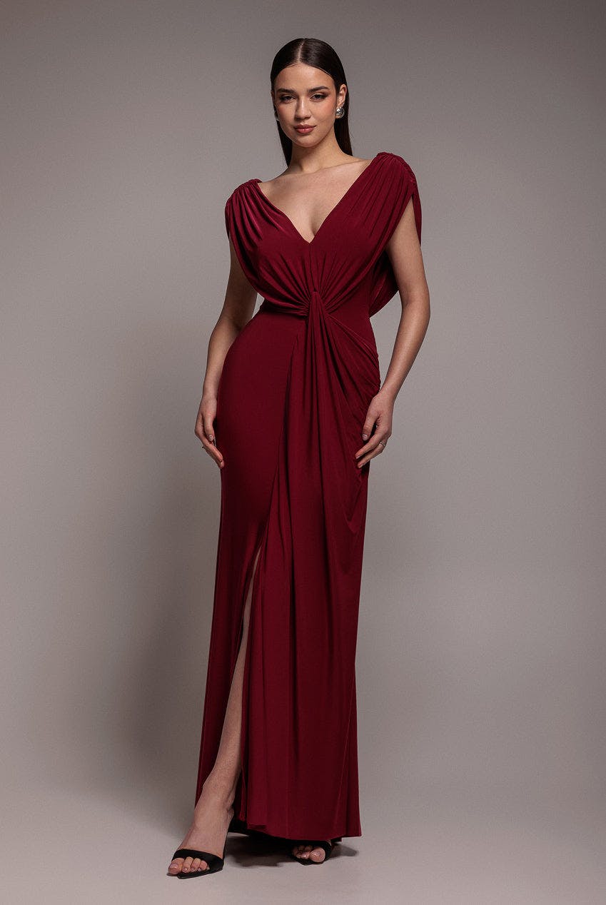 Goddiva Cowl Plunge Draped Mermaid Maxi Dress - Wine By - Wine - 8