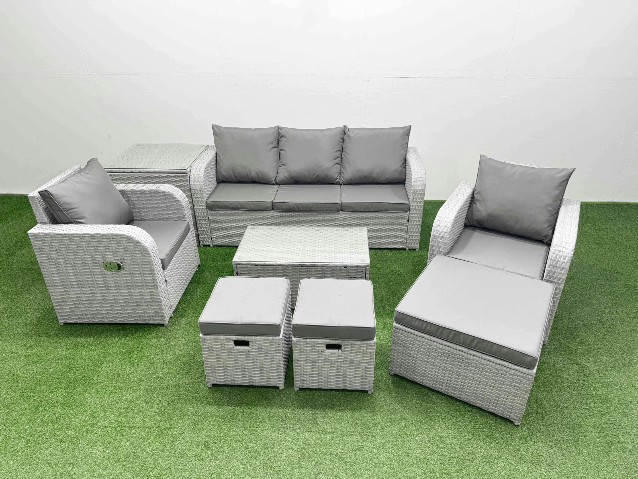 Fimous Light/Grey Pe Rattan Garden Furniture Set Reclining Chair Sofa Lounge Sofa Set Oblong Coffee Table Side Table 3 Stools
