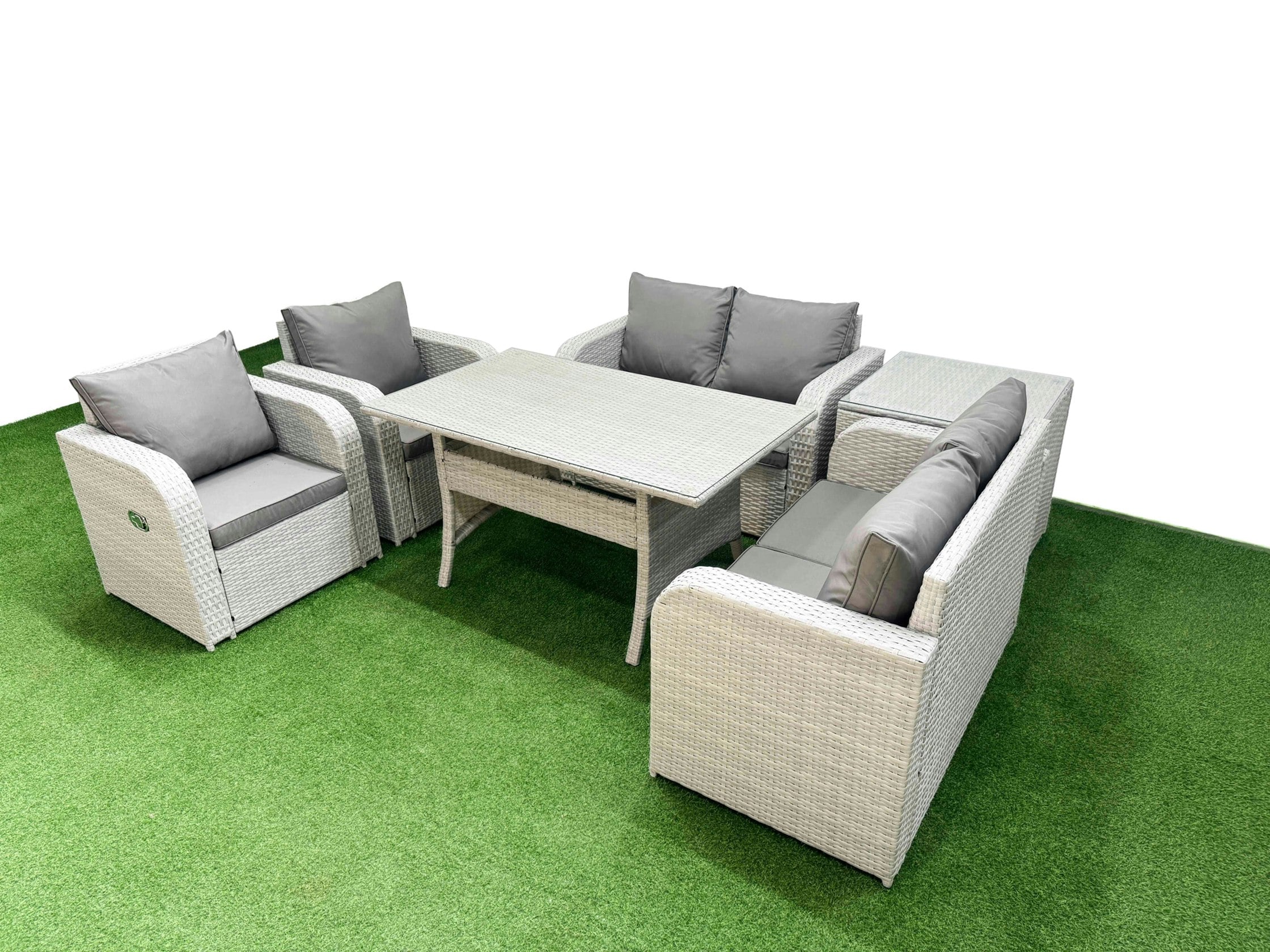 Fimous Light/Grey 6 Seater Outdoor Reclining Chair Love Sofa Set Rattan Garden Furniture Set With Rectangular Dining Table Side Table