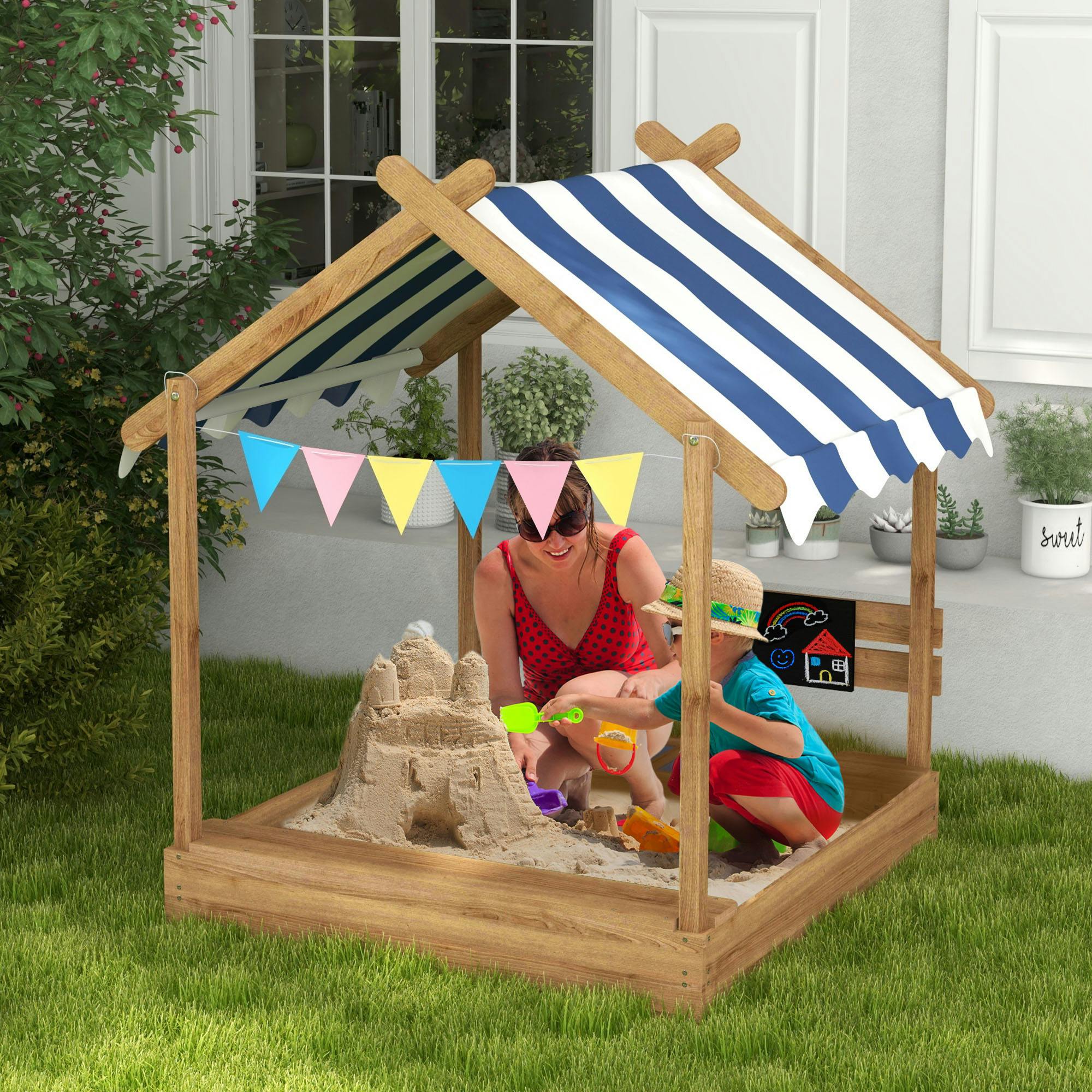 Outsunny Light Sand Pit With Canopy, Blackboard, Toys, Sink, Seats, Flags For Kids