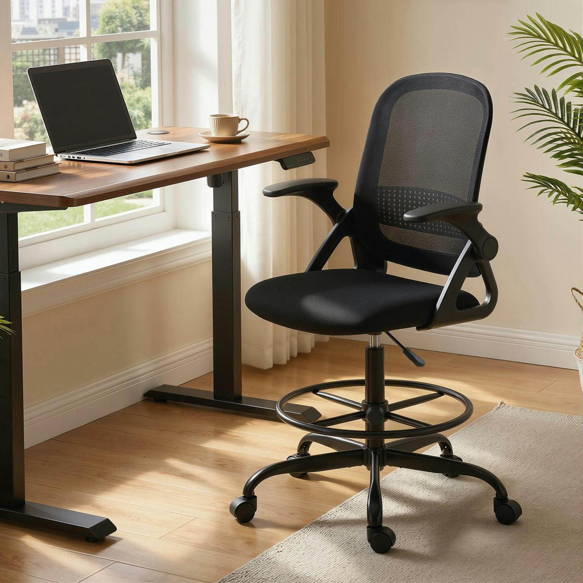 HOMCOM Mesh Painting Chair, Rolling Desk Chair with Flip-up Armrests, Black | Size: Armchair - Image 2