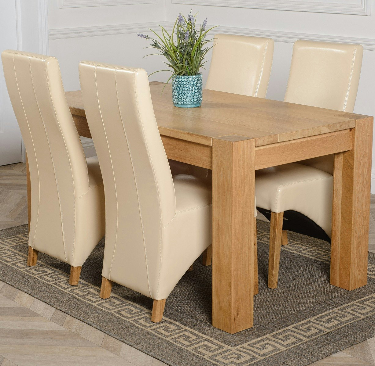 Rackhams Ivory Kuba Medium Oak Dining Table With Lola Leather Chairs - 4 Chairs