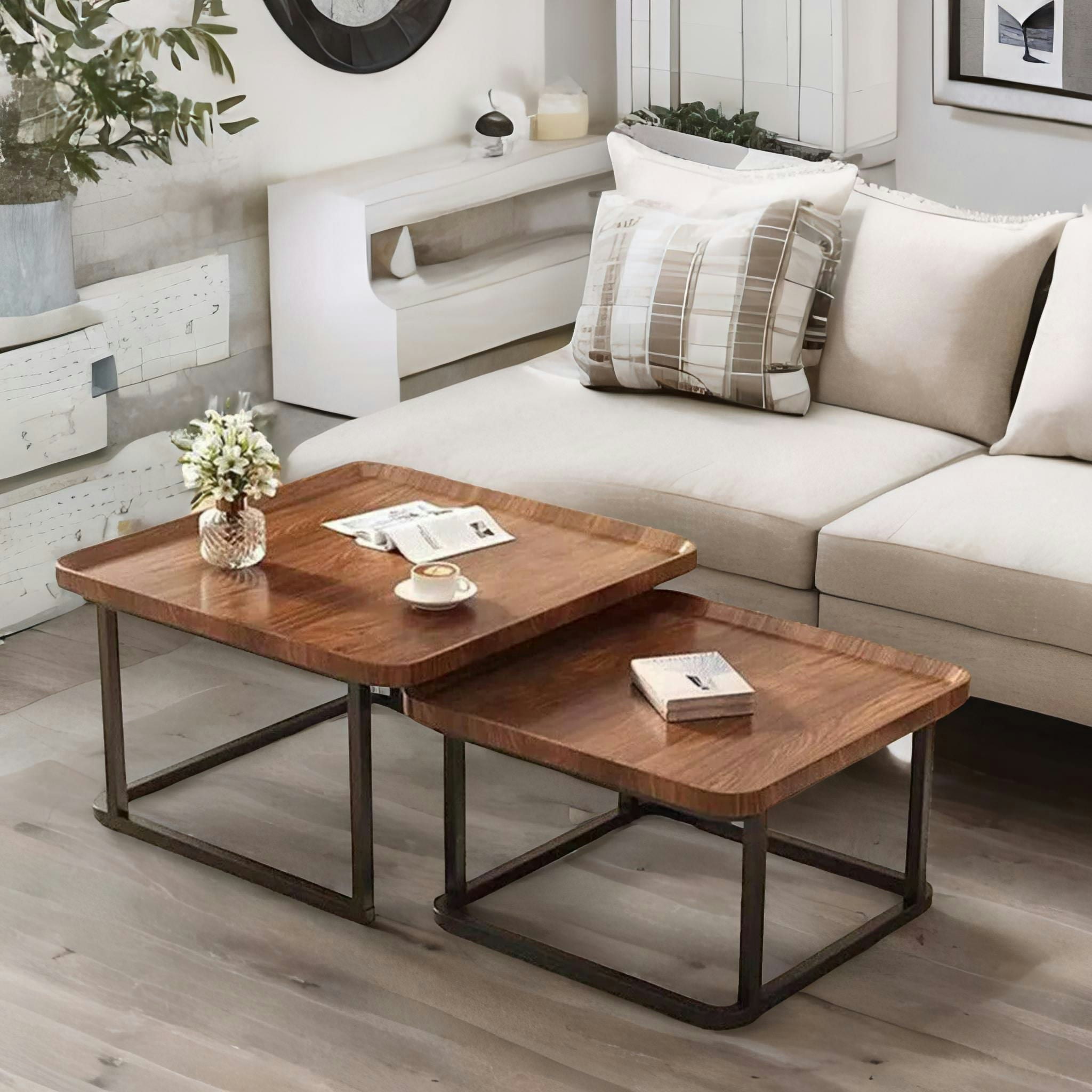 Rackhams Brown 2Pc Industrial Square Nesting Coffee Tables Rustic