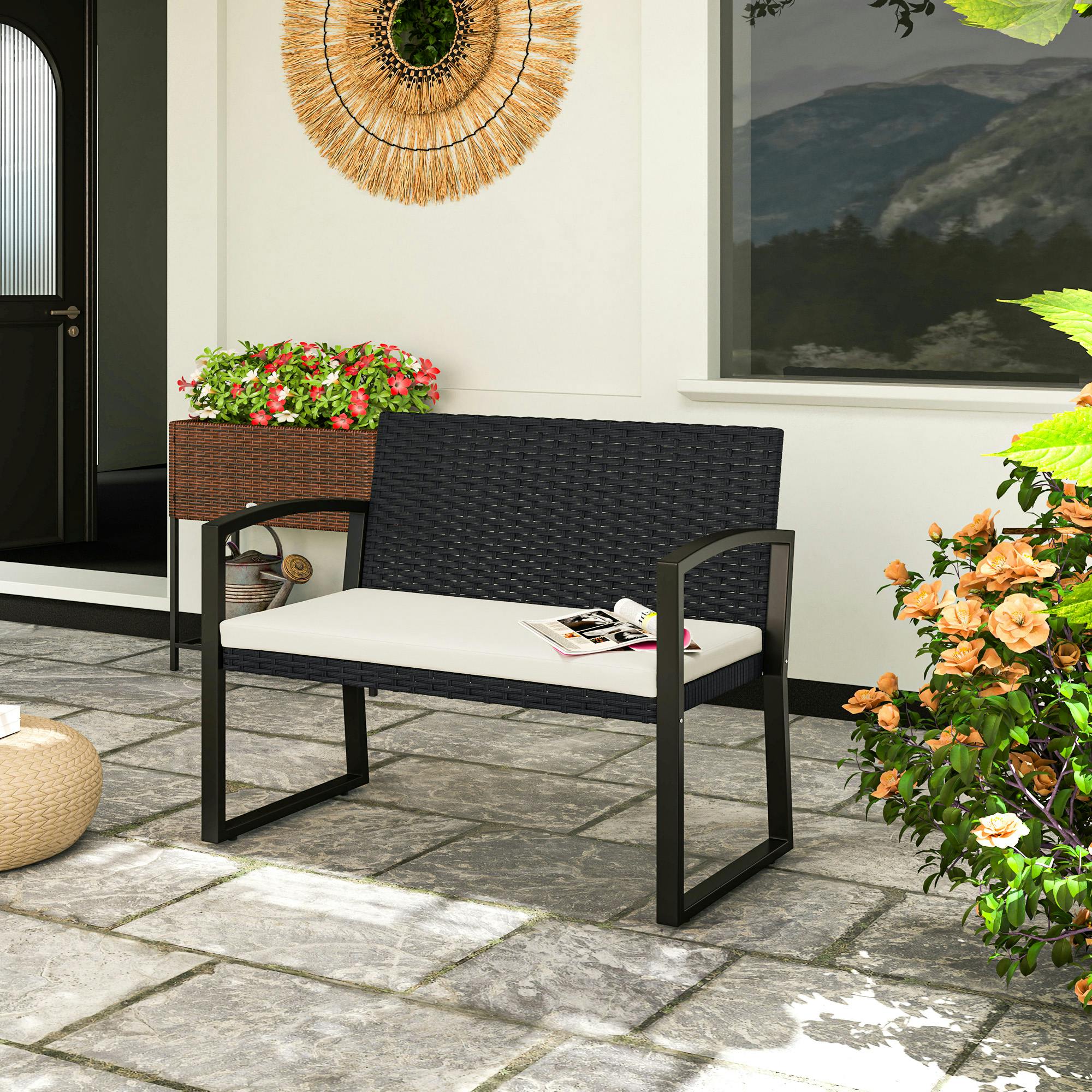 Outsunny Unisex Beige Seater Rattan Garden Bench With Cushion, Steel Frame, Size 2 - Image 2