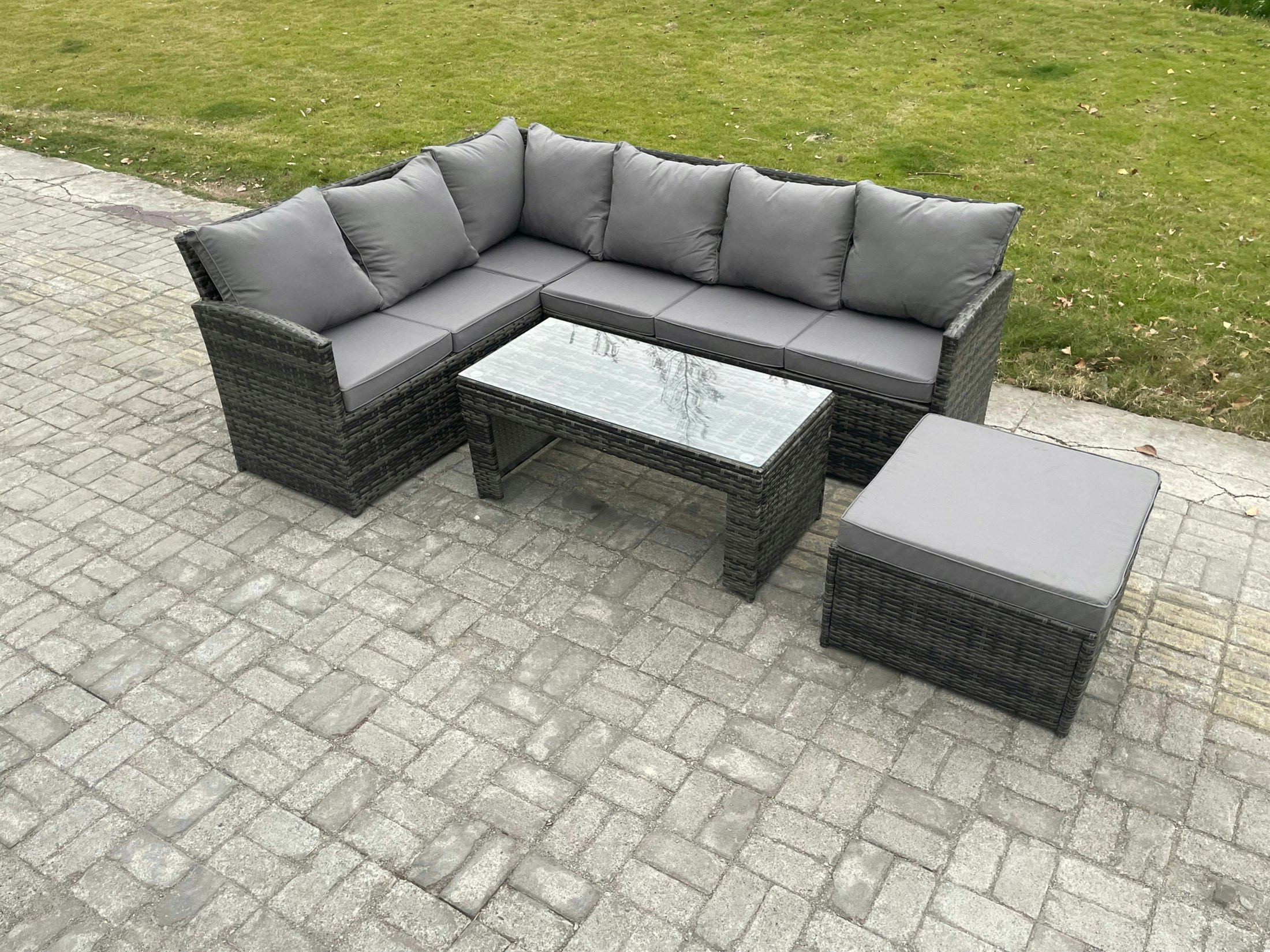 Rackhams Dark/Grey 7 Seater Outdoor Rattan Garden Furniture Set Corner Sofa Oblong Coffee Table Sets With Patio Big Footstool Mixed