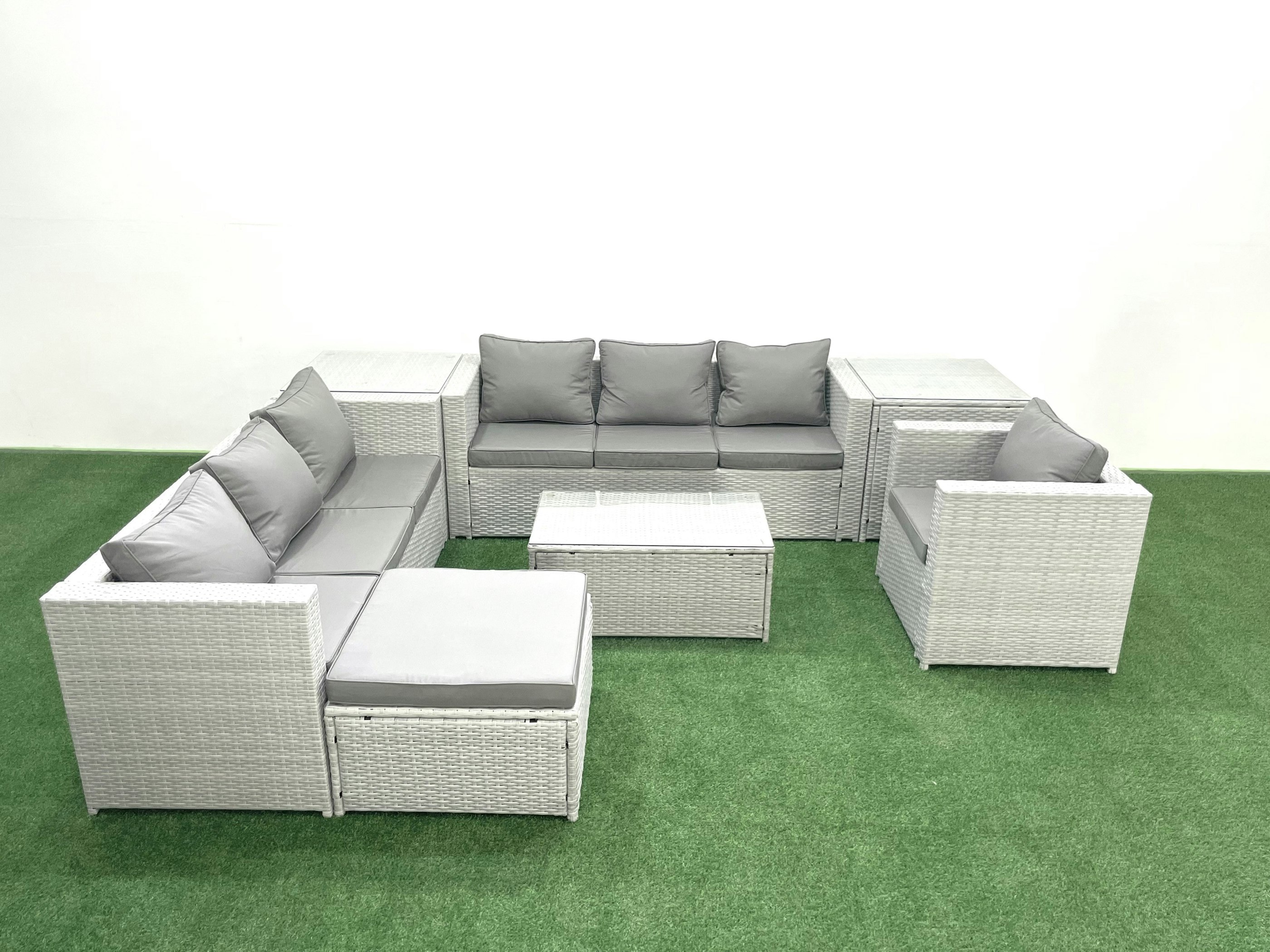 Rackhams Light/Grey Wicker Pe Rattan Sofa Garden Furniture Set With Armchair Oblong Coffee Table Big Footstool 2 Side Tables Mixed