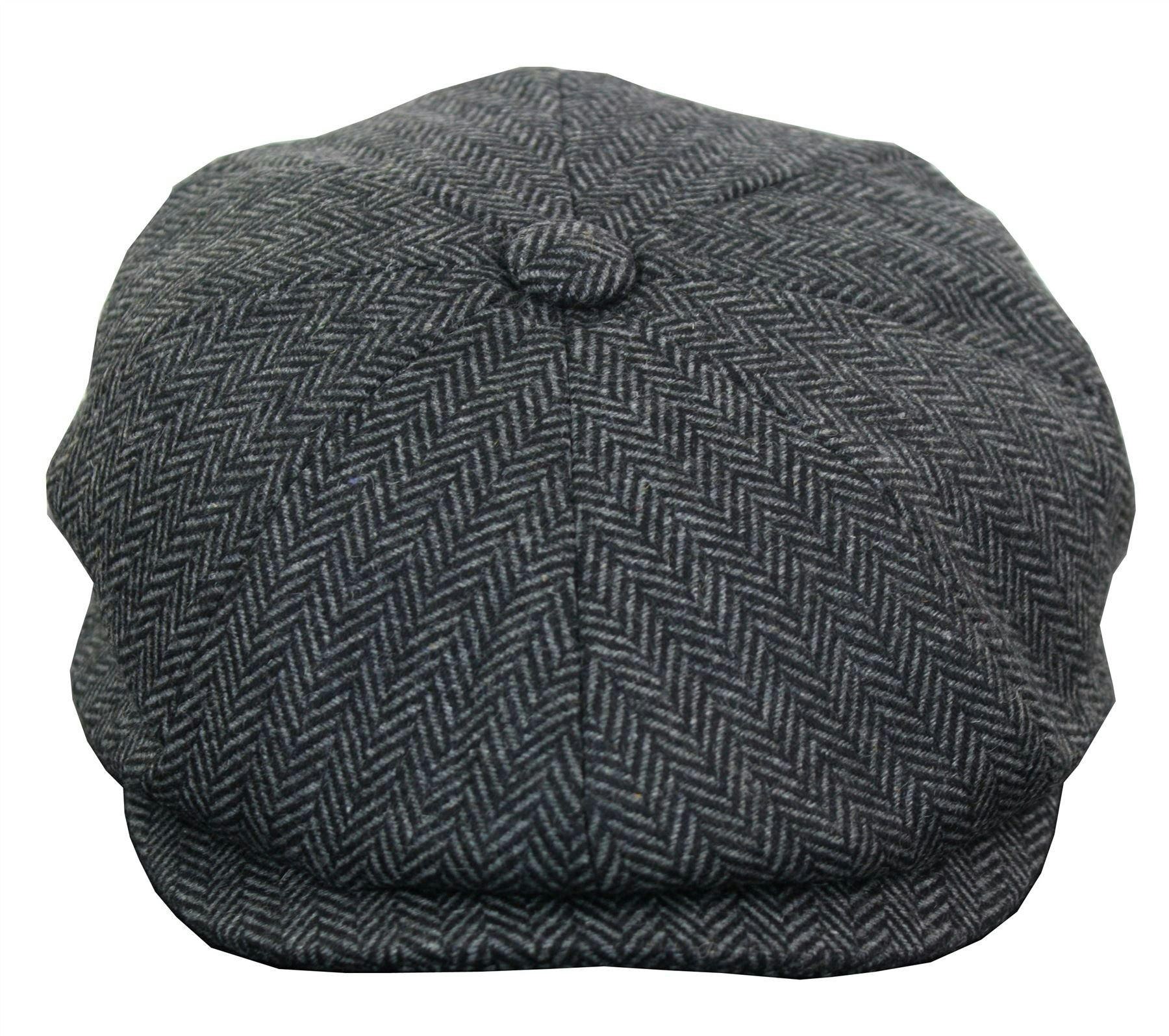 King Ice Men's Tweed Newsboy Cap Peaky Blinder Flat Check Grandad Hat - Charcoal - 2XL