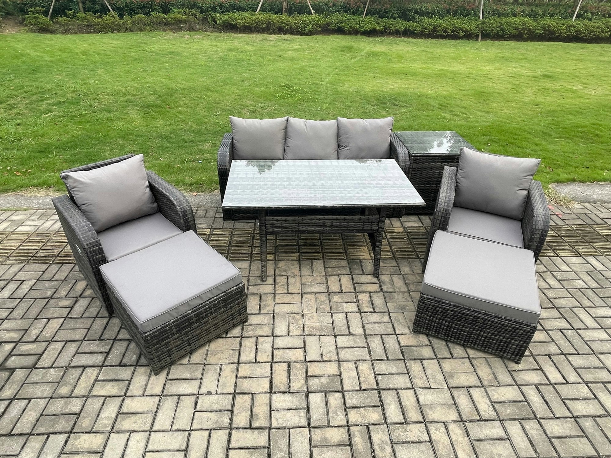 Rackhams Dark/Grey 7 Seater Rattan Outdoor Garden Furniture Set Rectangular Dining Table And Chair Sofa Set With Side Table 2 Big Footstool Mixed