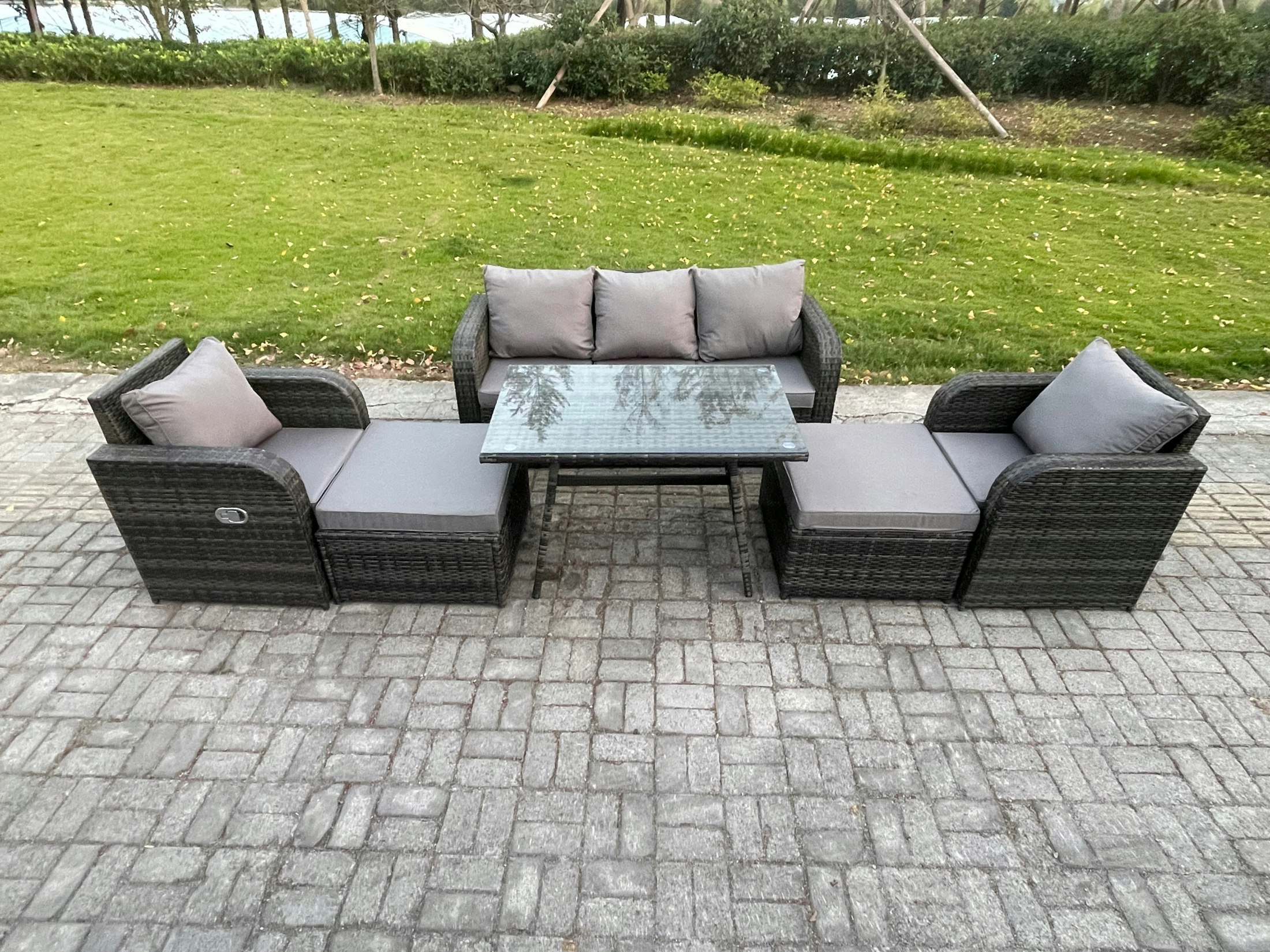 Fimous Dark/Grey Garden Furniture Sets 7 Seater Rattan Furniture Manual Wicker Patio Sofa Patio Conversation Set With 2 Big Footstool Mixed