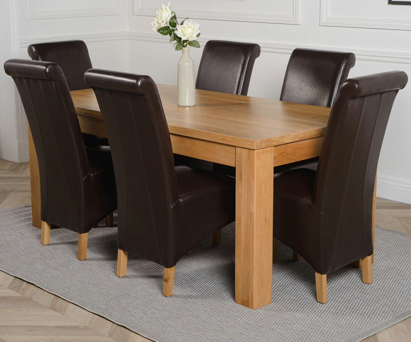 That's Furniture Brown Dakota Oak Dining Table With Montana Leather Chairs - 6 Chairs Large