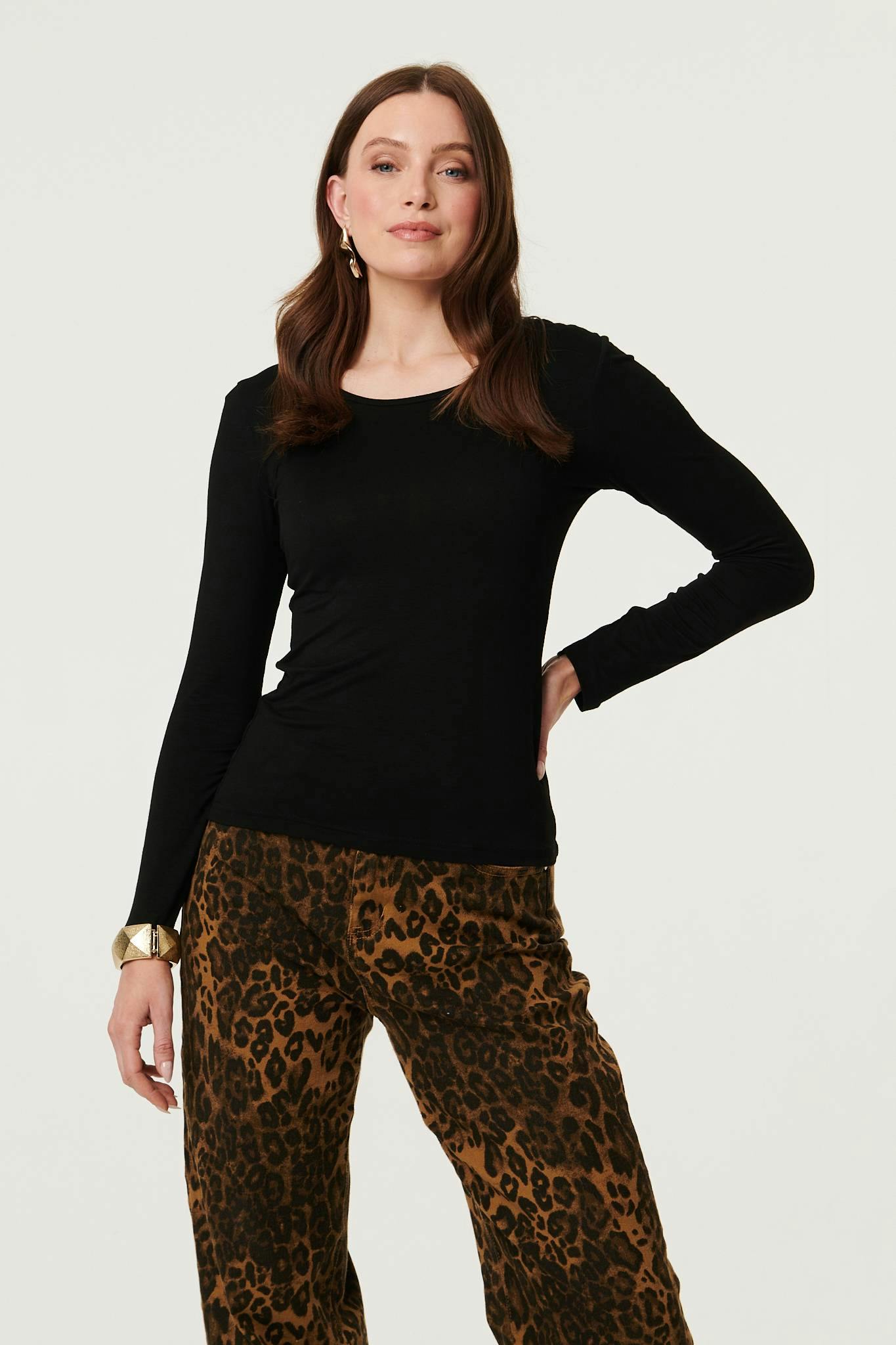 Izabel London Black Long Sleeve Slim Scoop Neck Top - 18