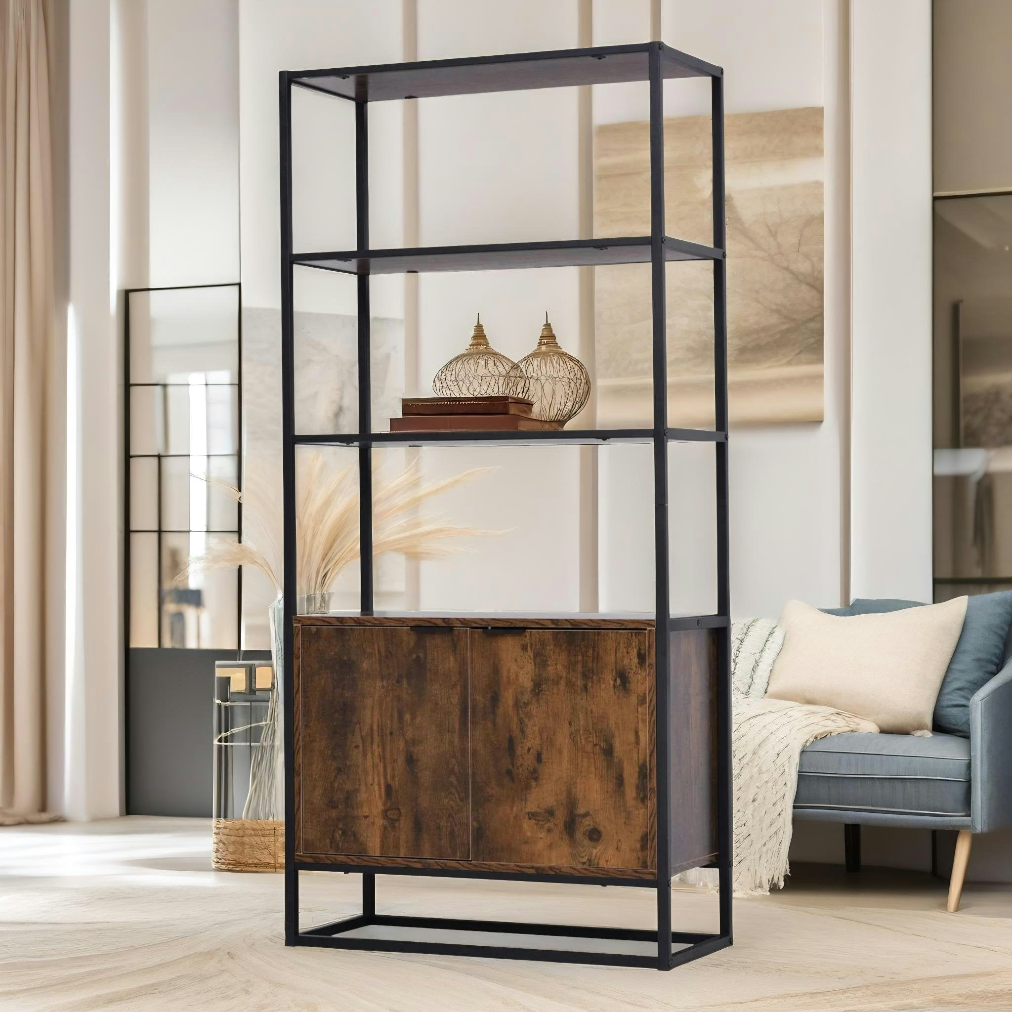 Rafaelo Mobilia Brown Industrial Storage Cabinet With 3 Open Shelves Rustic