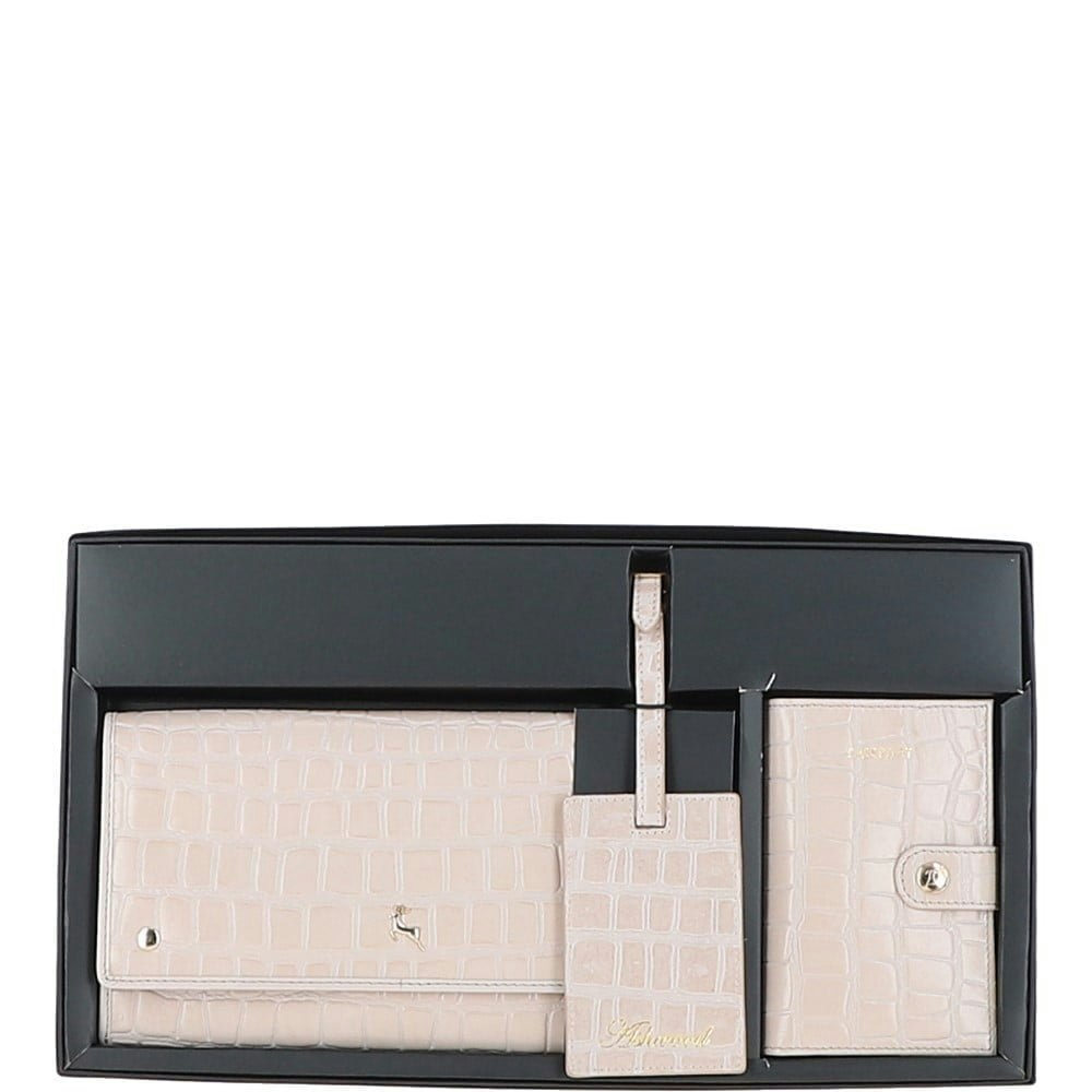 Ashwood Women's Grain 'Wise Tour' Real Leather Gift Travel Set - Blush/Croc - One Size - Leather