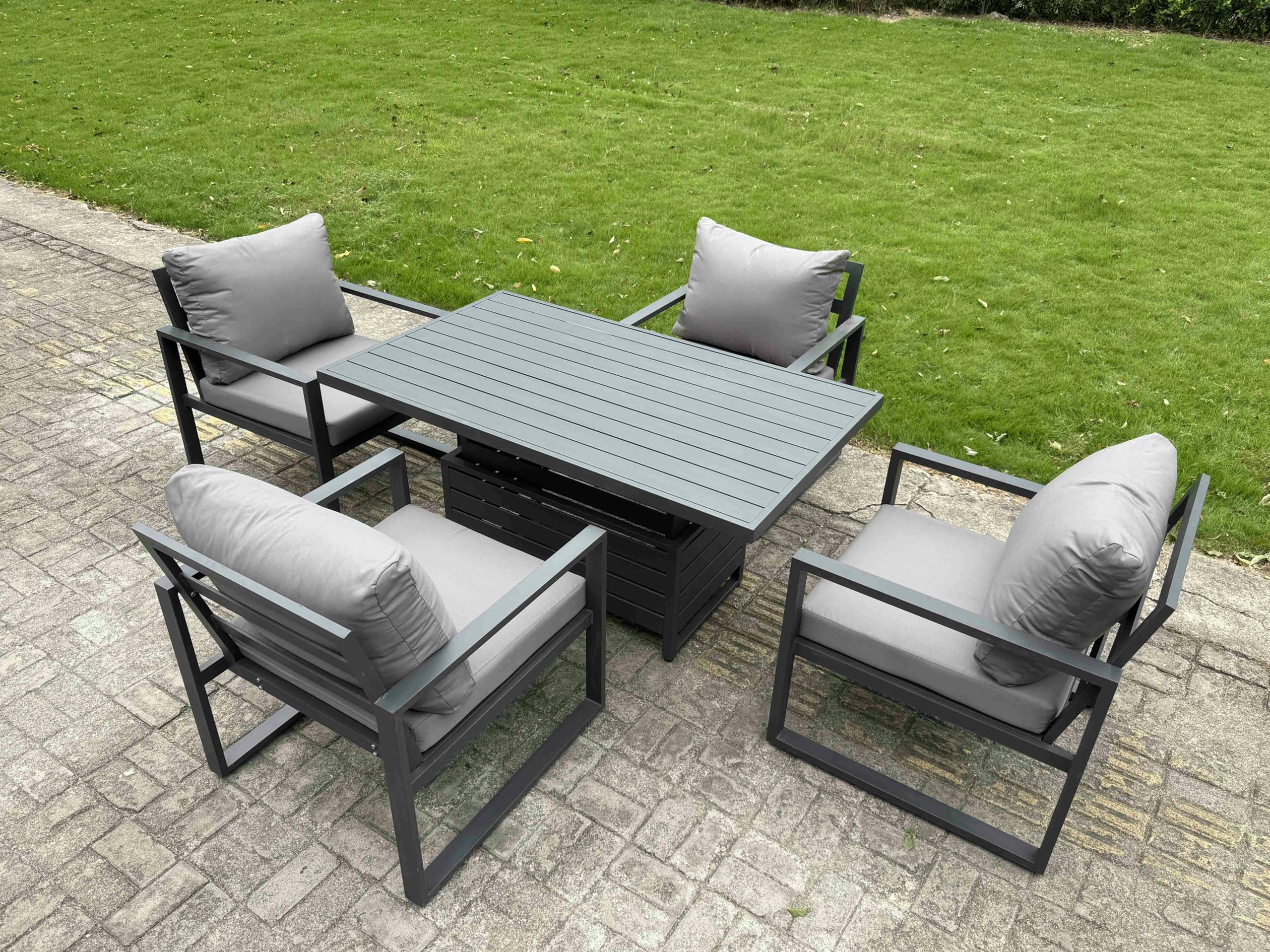 Fimous Dark/Grey 4 Seater Aluminium Garden Furniture Set With Adjustable Rising Dining Table And 4 Chairs