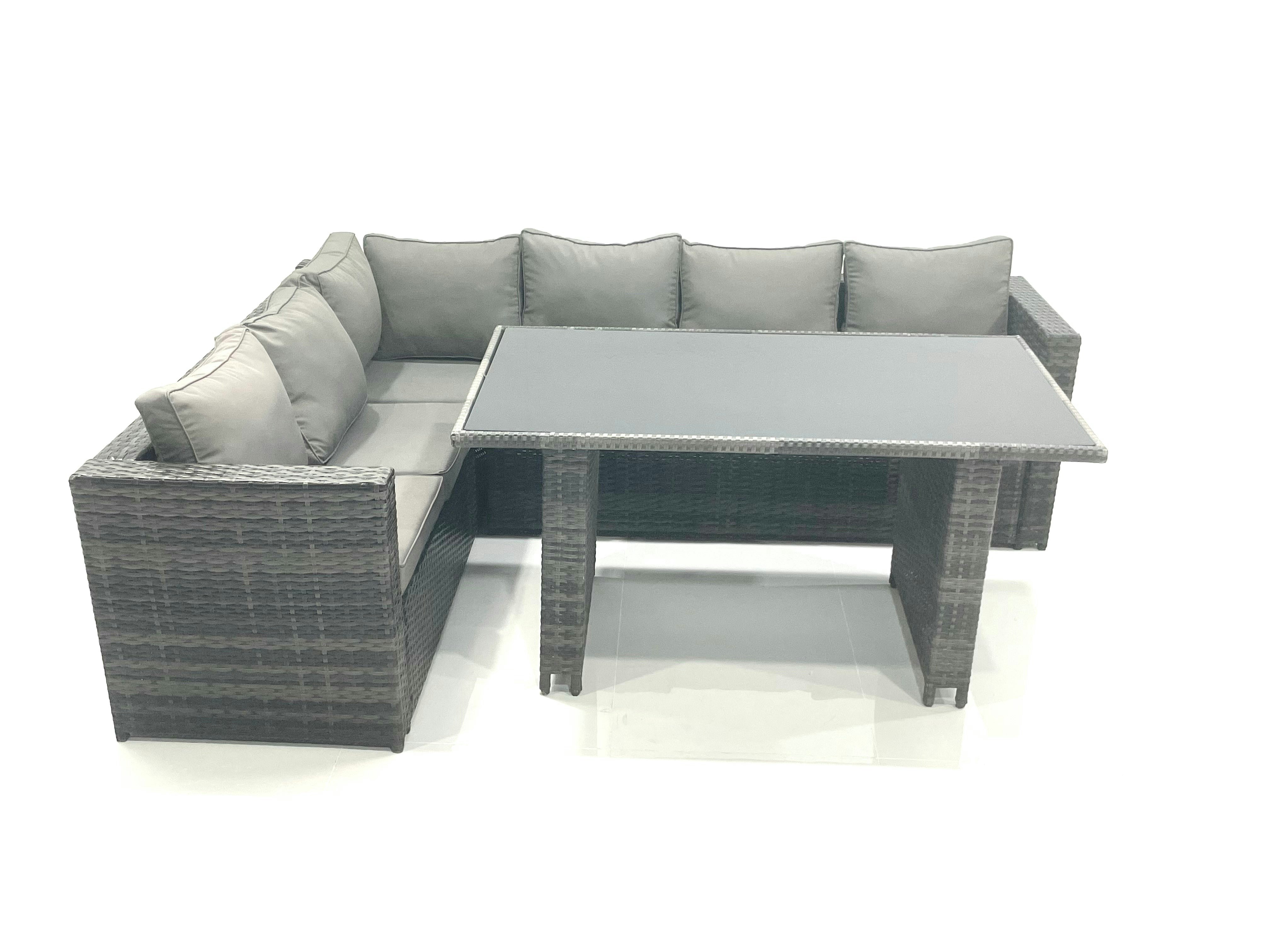 Rackhams Black Lounge Rattan Corner Sofa Set Outdoor Garden Furniture Rectangular Dining Table Chair Set