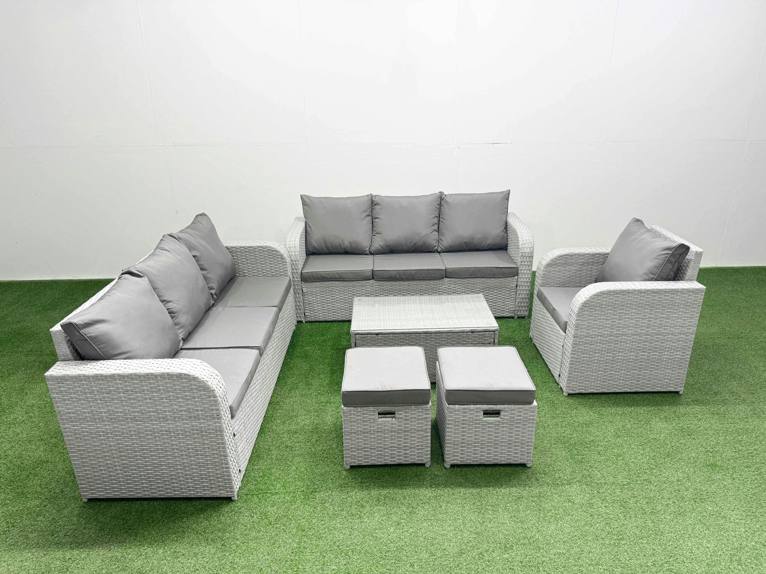 Rackhams Light/Grey 9 Seater Poly Rattan Outdoor Garden Furniture Sofa Set Patio 3 Seater Sofa Reclining Chair 3 Seater Sofa Stools