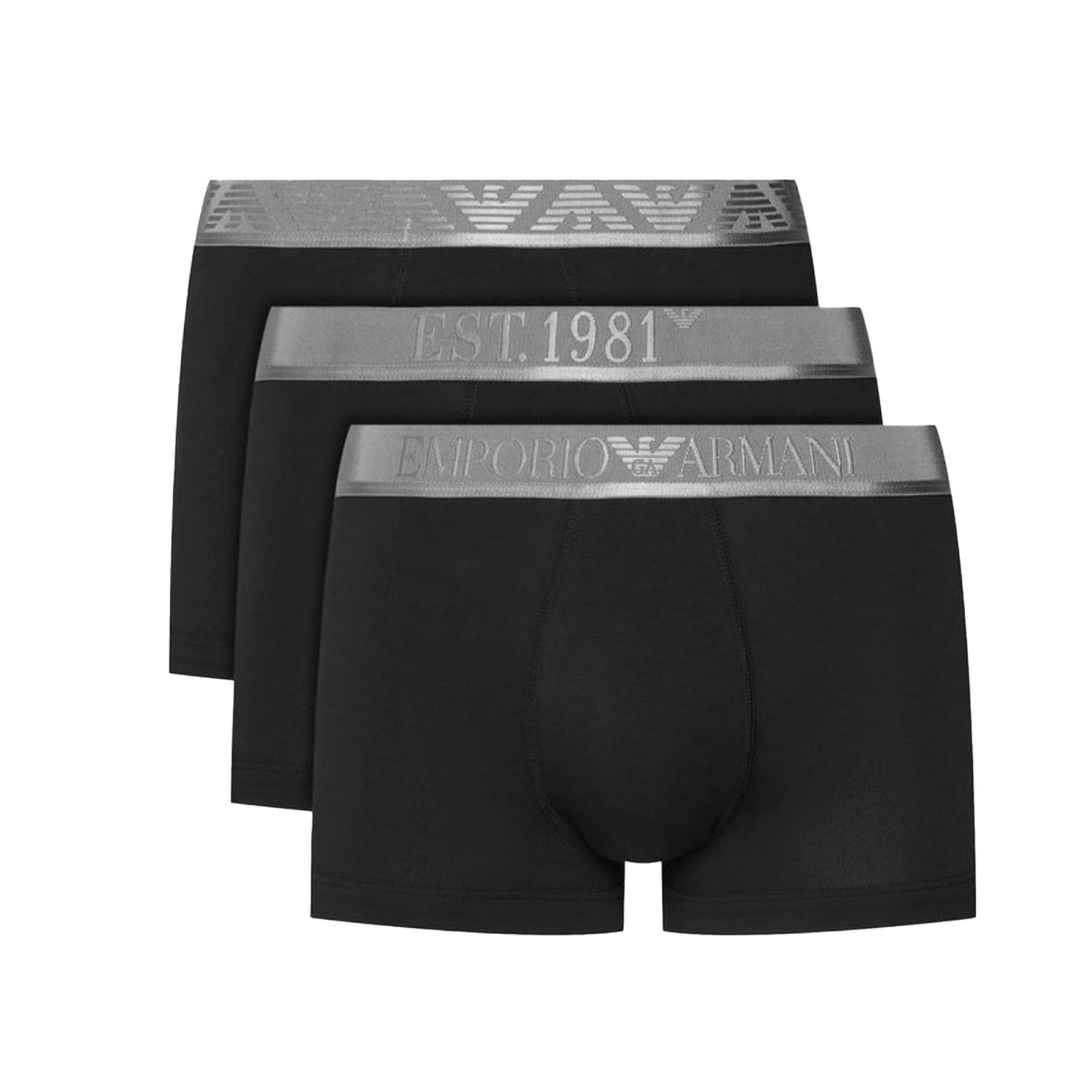 Emporio Armani Black/Silver Stretch Cotton Logo 3 Pack Trunks - Xxl