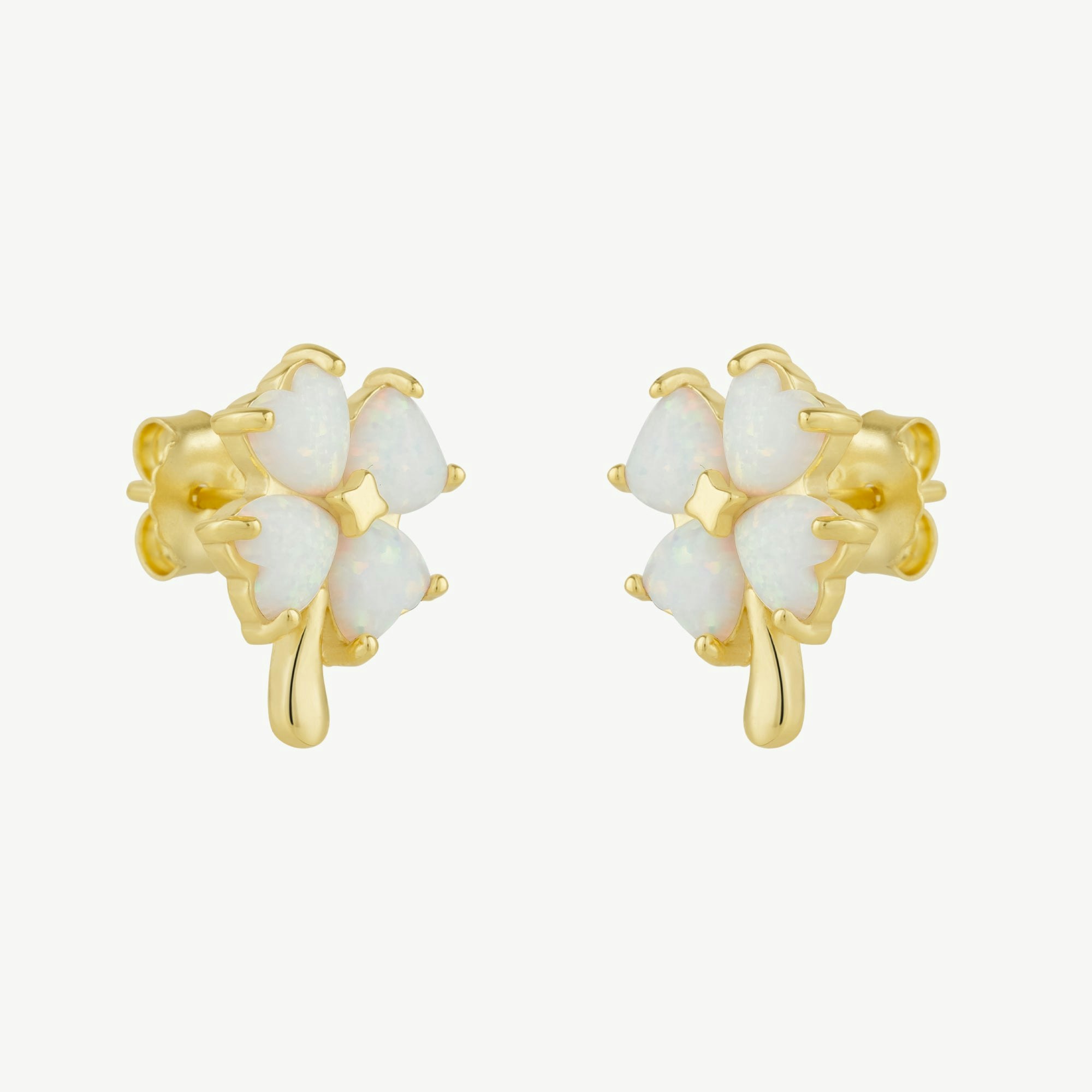 Spero London White/Silver/Gold Opal Four Leaves Clover Sterling Stud Earring