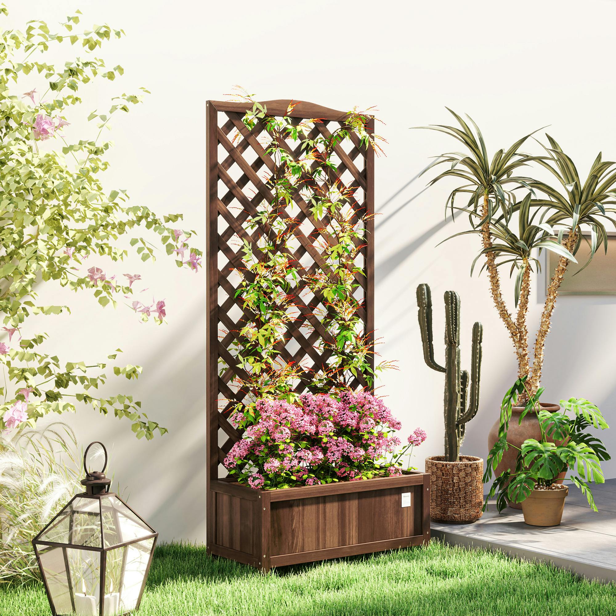 Rackhams Brown/Dark Garden Wooden Planter Box With Trellis Flower Raised Bed