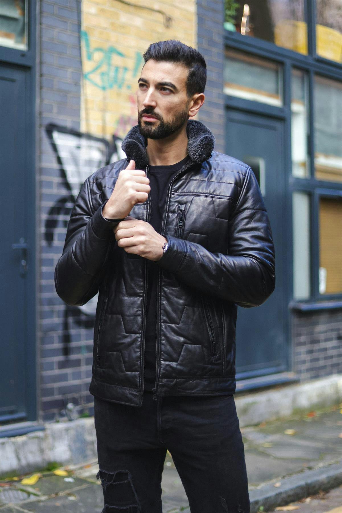 Infinity Leather Men's Black Leather Quilted Puffer Biker Jacket - Thornton - Uk 3XL | Eu 56 | Us 46