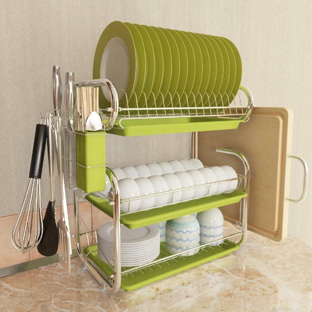 Rackhams Green 3-Tier Dish Drainer Storage Stand Bowl Plate Dryer Tray