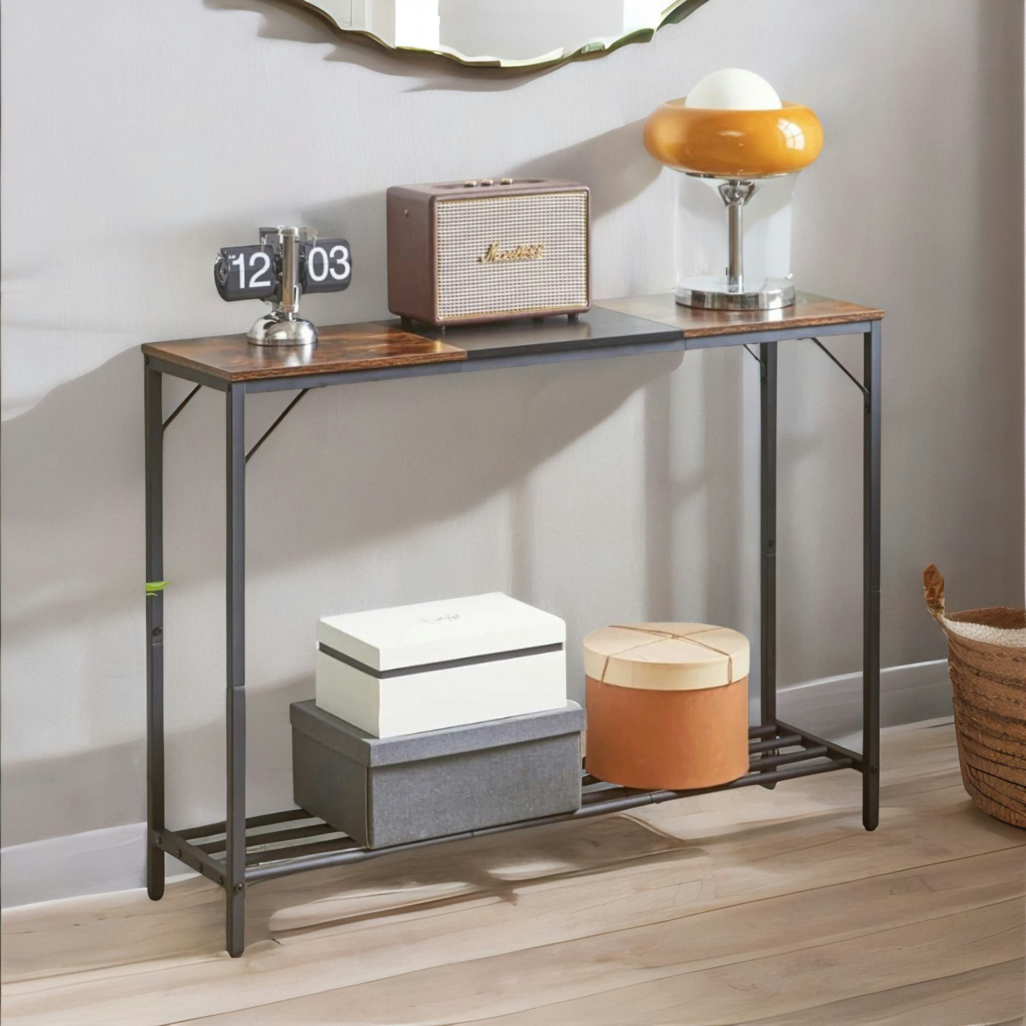 Rafaelo Mobilia Brown 2-Tier Industrial Console Table With Metal Frame Rustic