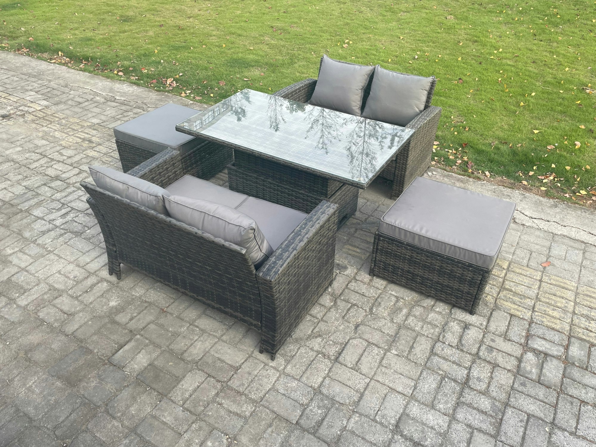 Fimous Dark/Grey 5 Pieces Garden Furniture Sets Poly Rattan Outdoor Patio Height Adjustable Rising Lifting Table Sofa Dining Set With 2 Big Footstool
