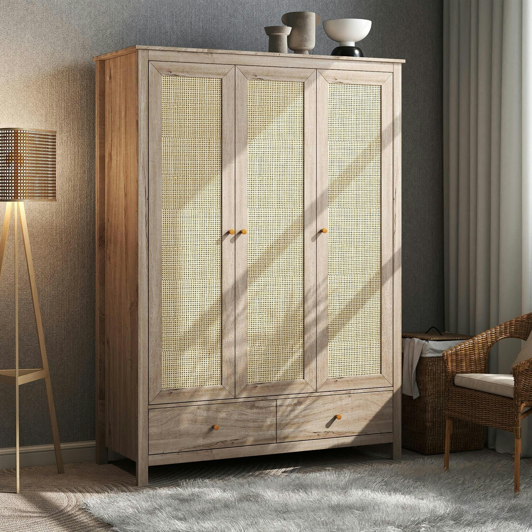 Rackhams Grain Willow Rattan 3 Door Triple Wardrobe With 2 Drawers - Oak And Rattan