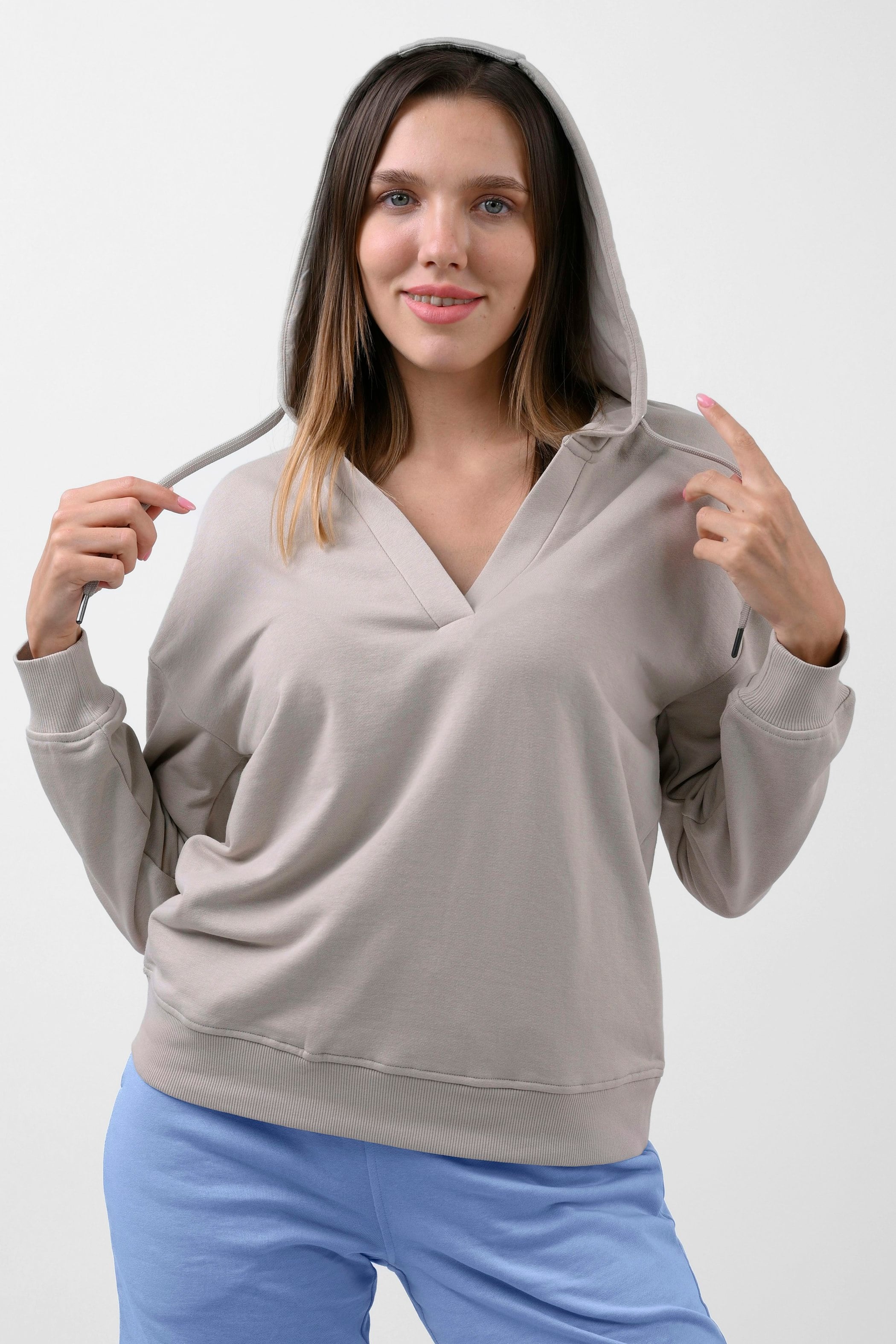 Enorsia Women's V-Neck Drop Shoulder Hoodie in Silver | Size: 14 - Image 2