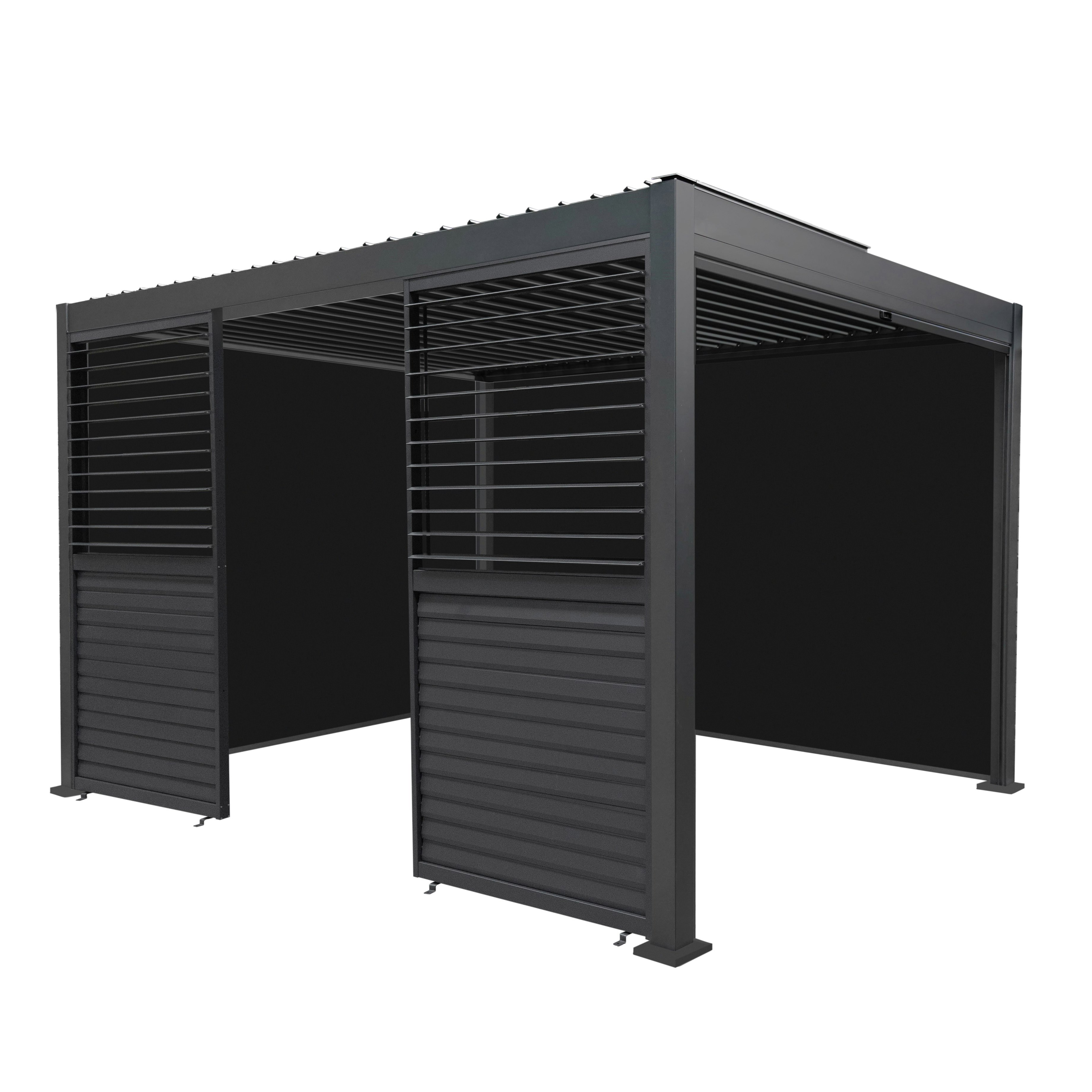 Rackhams Anthracite Aluminium Pergola With Blinds & 2 Shutter Panels - 3M X 4M