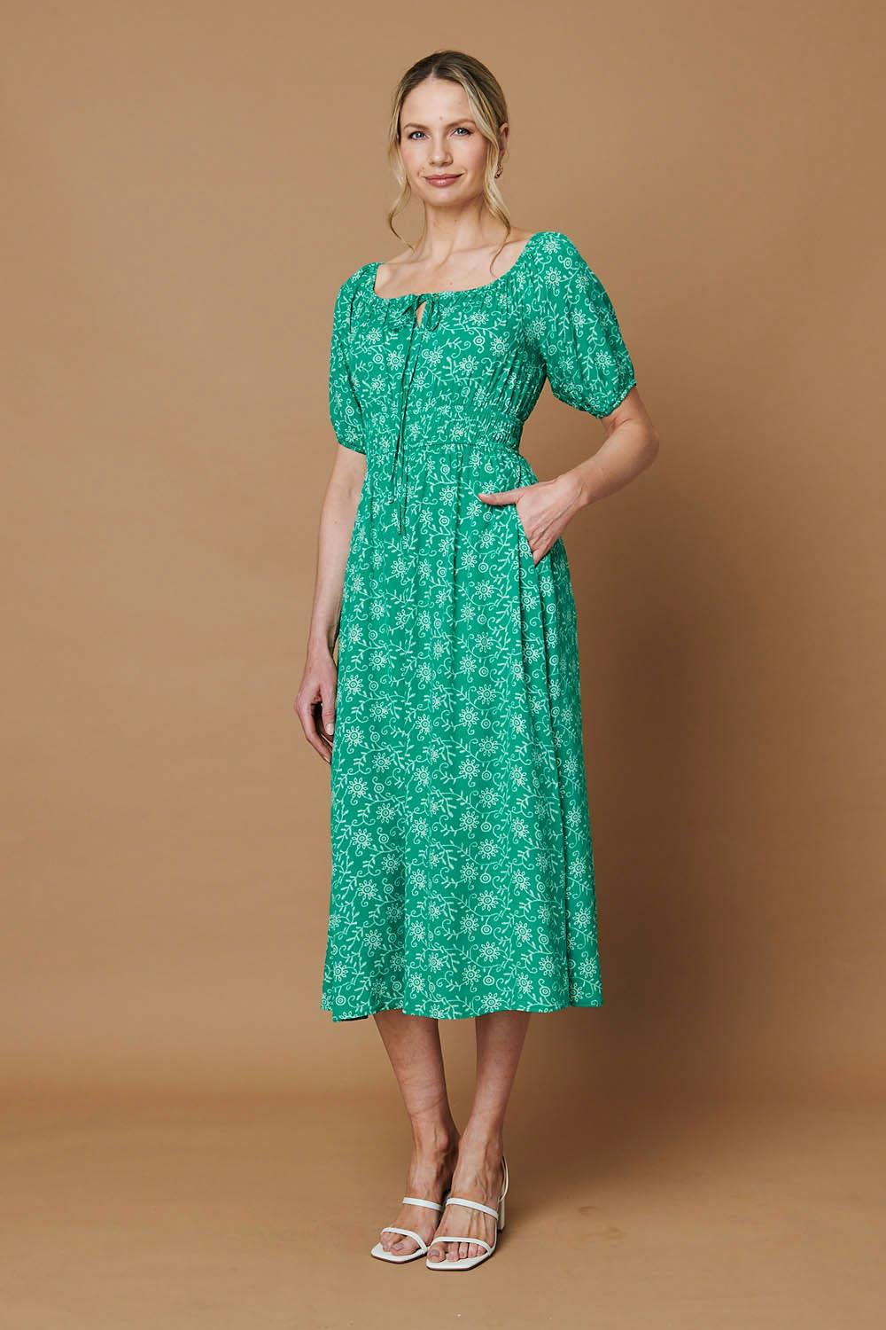 Izabel London Green Printed 1/2 Sleeve Smocked Midi Dress - 10
