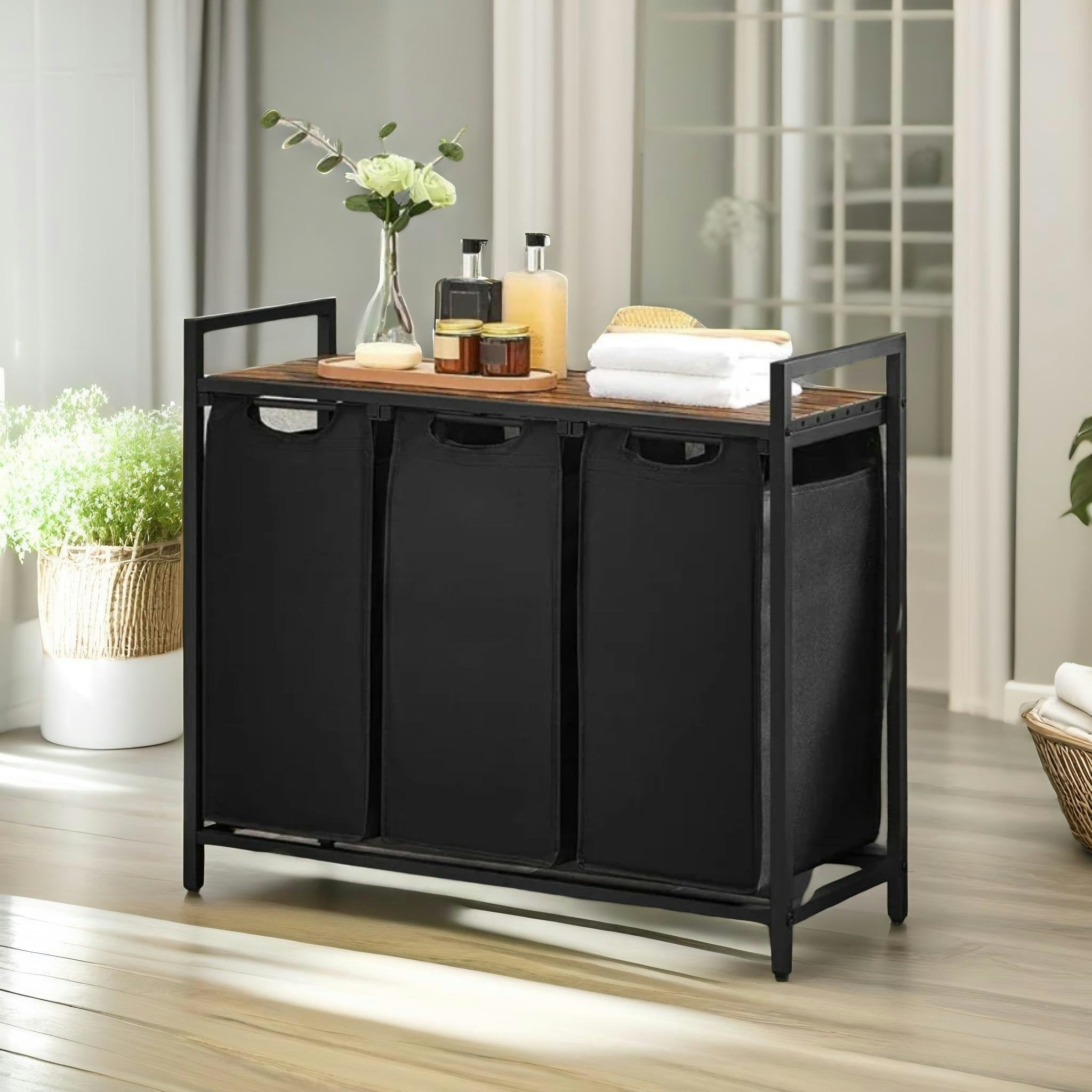 Rafaelo Mobilia Brown Industrial 3 Compartment Laundry Basket With Removable Bags