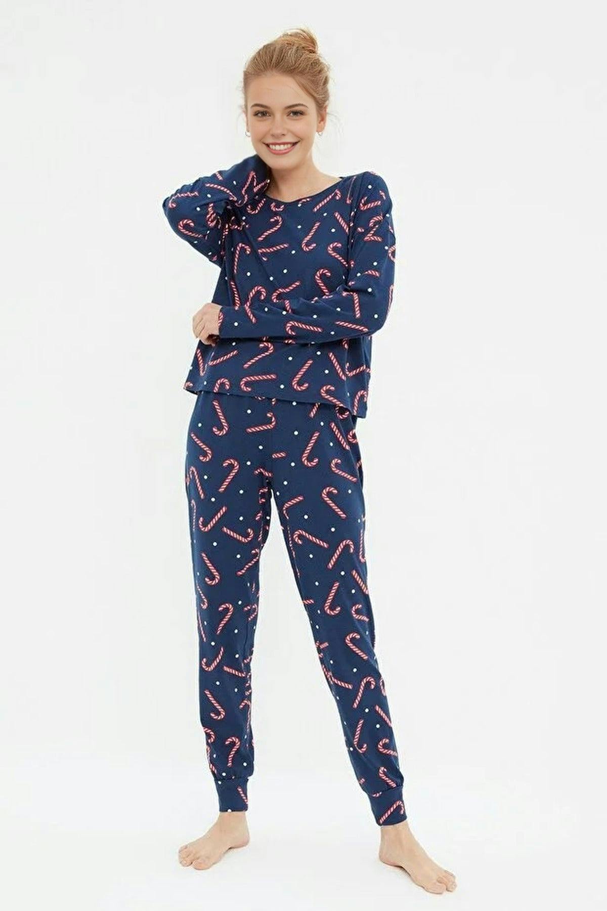 Wovcor 2-Piece 100% Cotton Christmas Themed Knit Pajama Set - Navy - Xs
