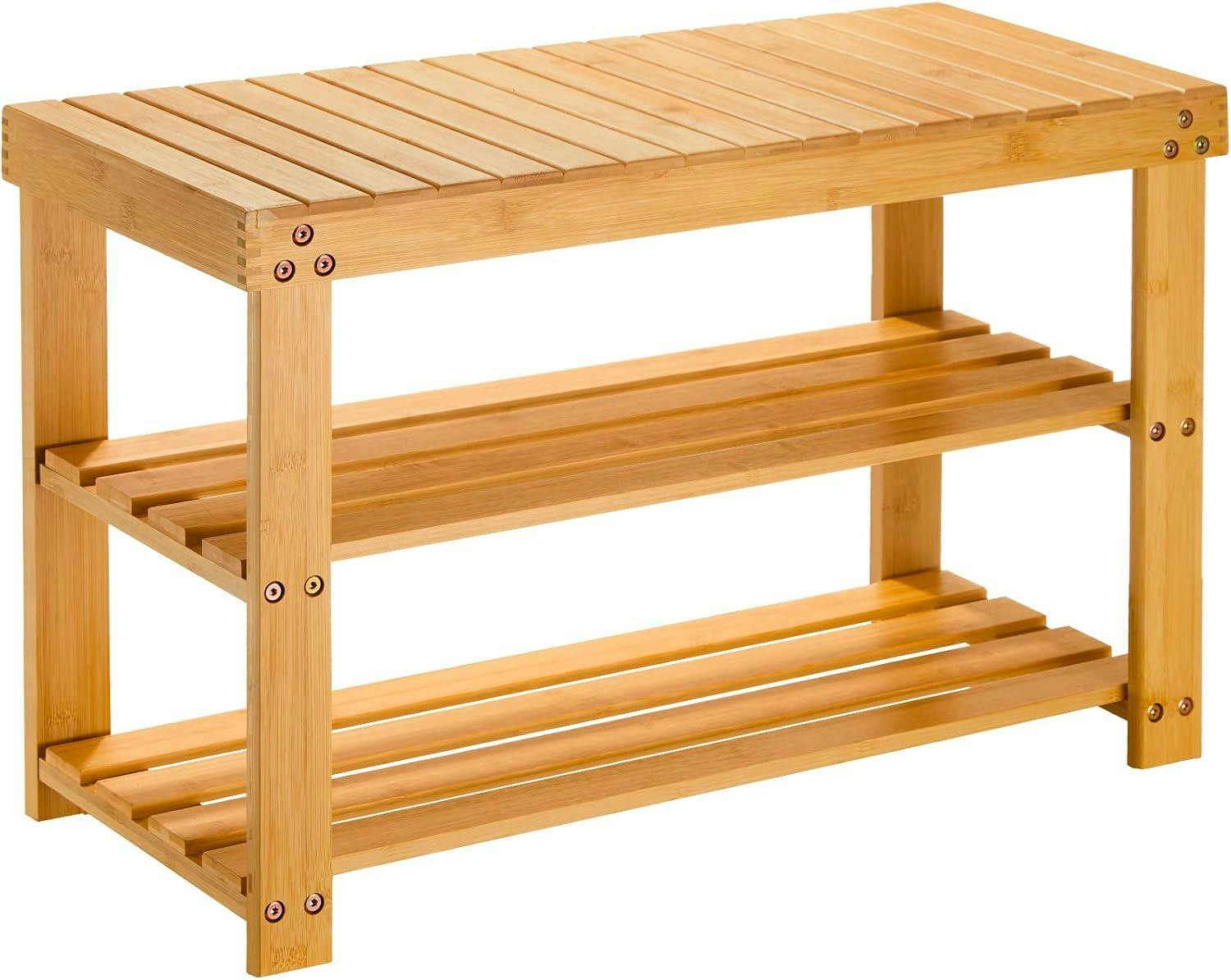 Mantraraj Grey/Brown Bamboo Shoe Bench 3-Tier Shoe Rack Stand Seater Shoes Organizer Storage Shelf - Shoe Rack