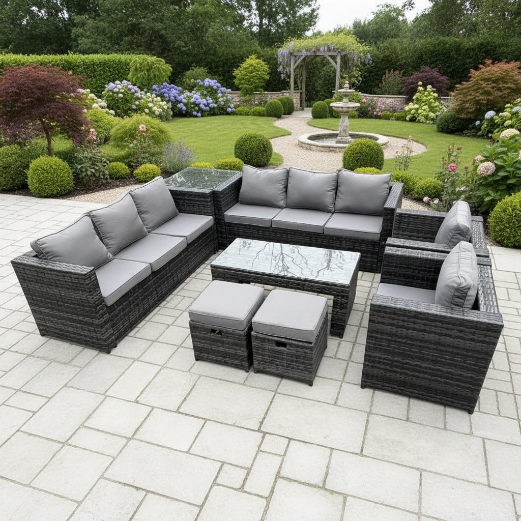 Fimous Dark/Grey 10 Seater Outdoor Rattan Garden Furniture Set With 2 Sofas, Rectangular Coffee Table, 2 Chairs, Side Table, 2 Stools