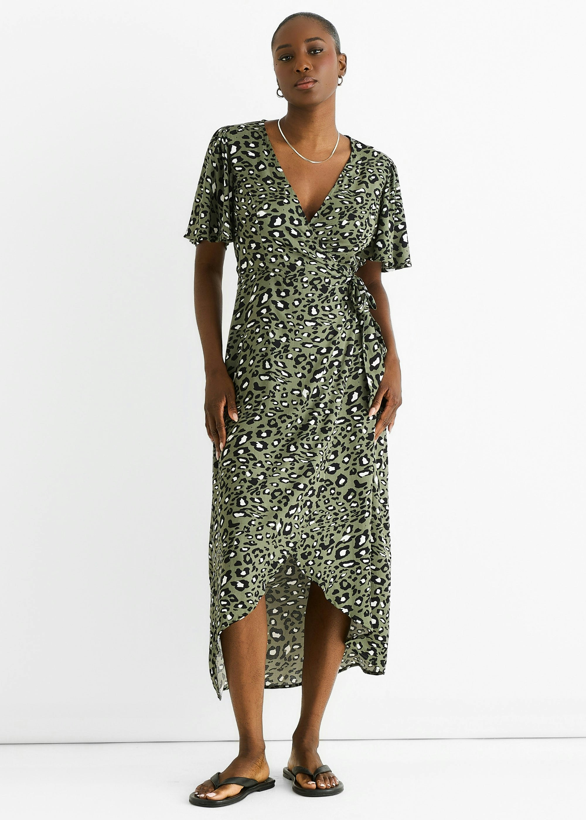 Gini London Khaki Animal Print Viscose Wrap Midi Dress - Image 3