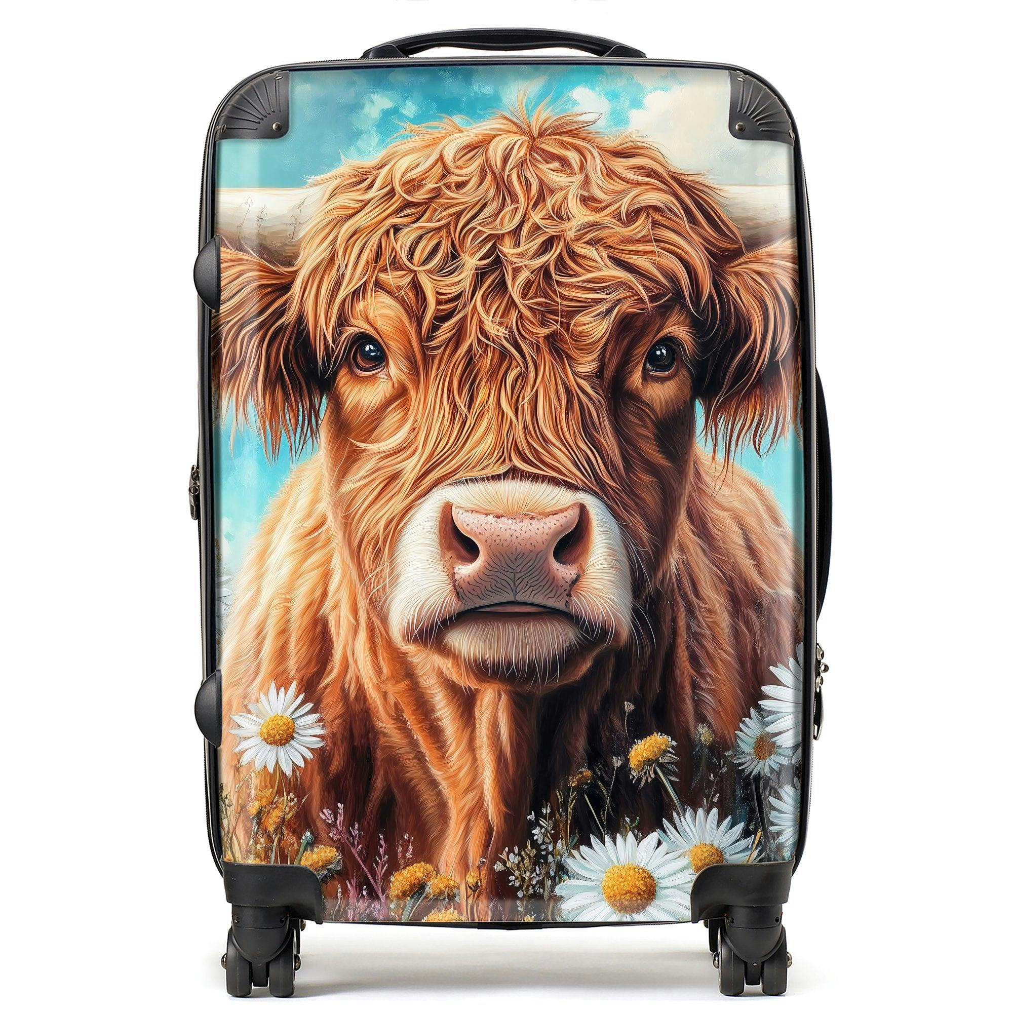 Warren Reed White/Golden/Blue Highland Cow With Daisies Suitcase - Medium