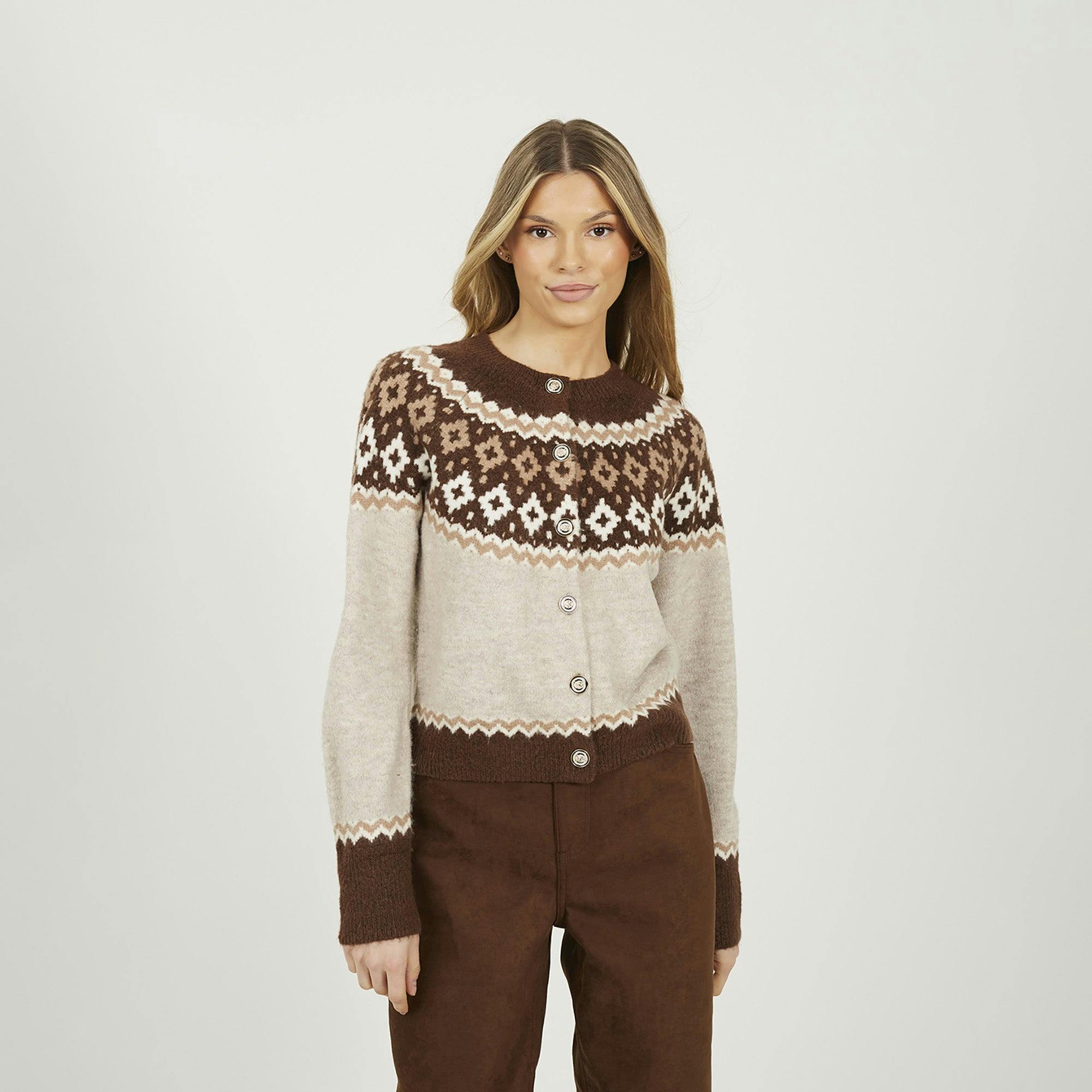 Brave Soul Gold Crew Neck Fairisle Knit Cardigan - Taupe - Taupe - Xs