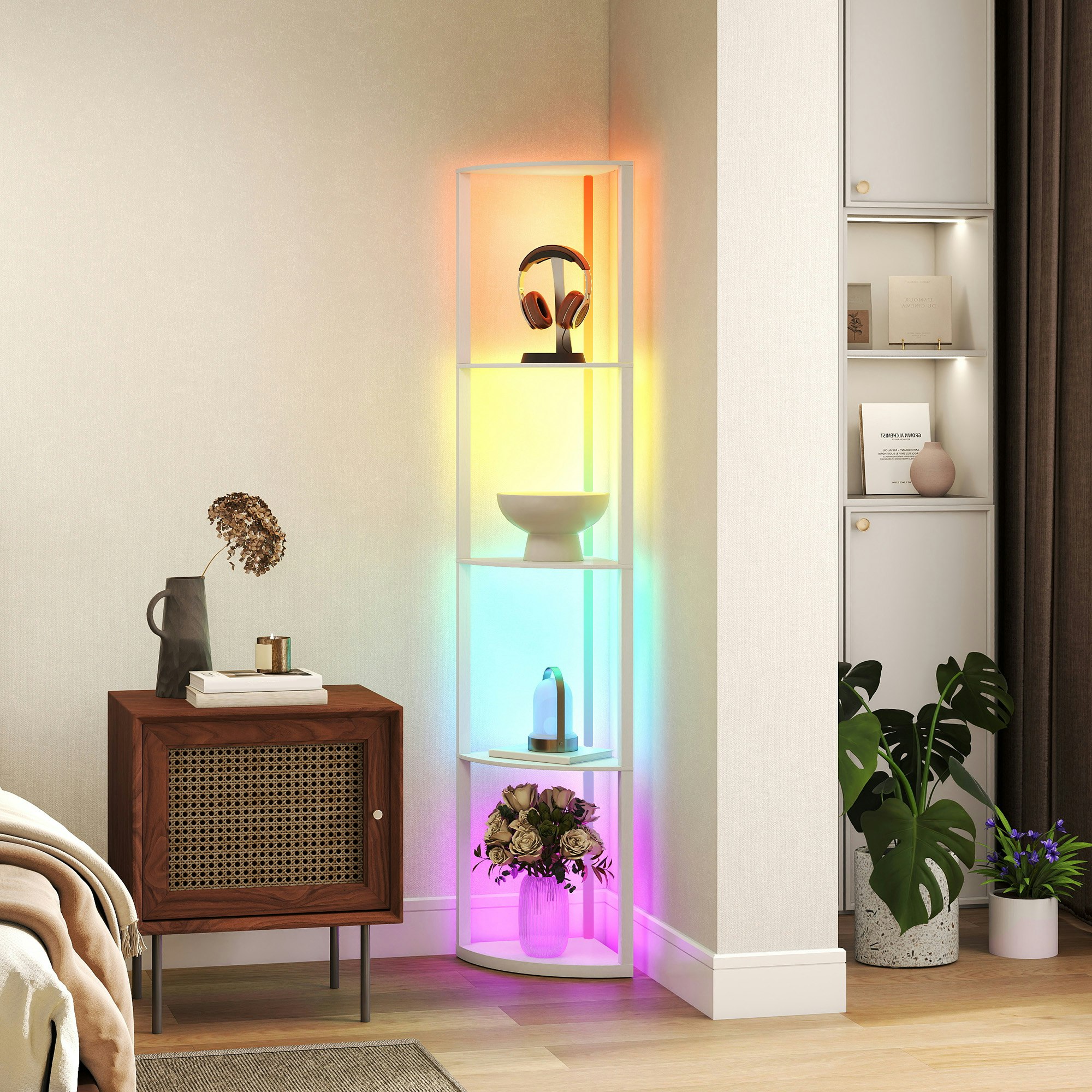 Rackhams White Rgb Led Floor Lamp With Shelves And Remote Control For Living Room - Yes - Mdf