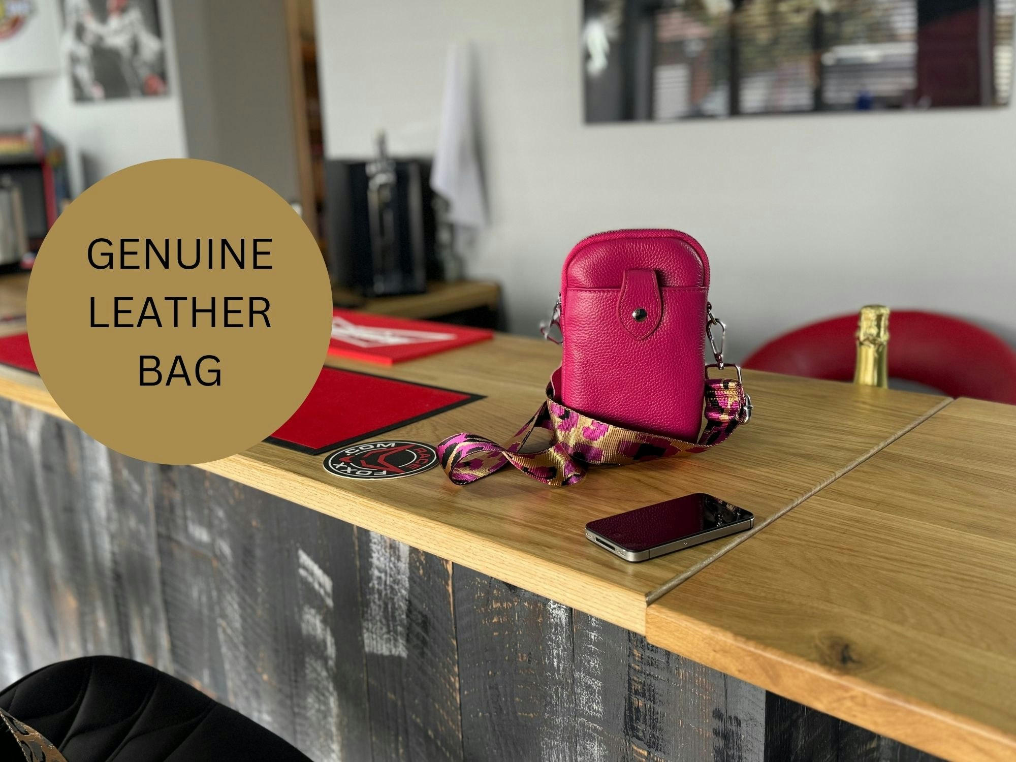 Love Emvy Italian Genuine Leather Mini Phone Pouch Bag – Leopard Strap - Fuschia